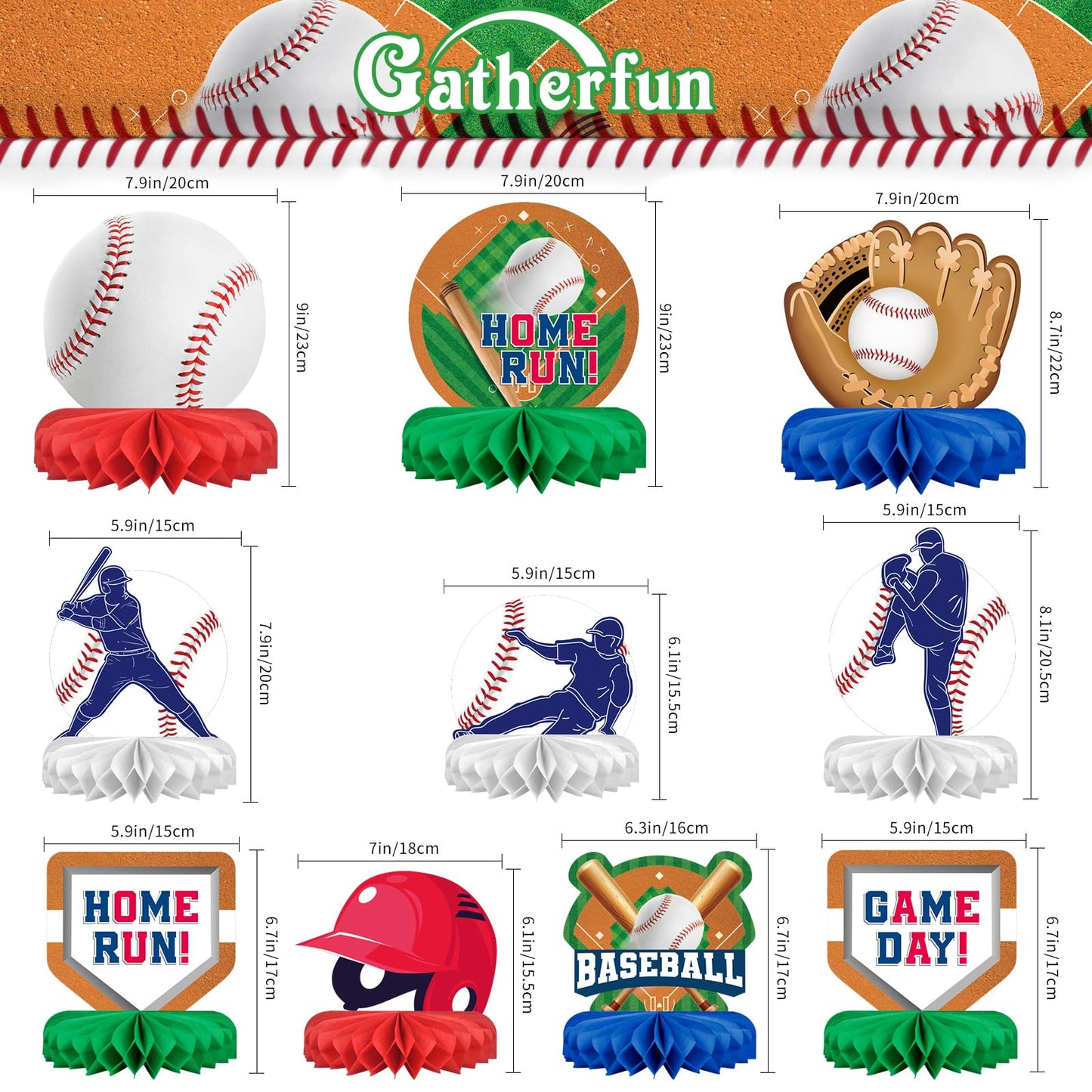 Gatherfun Baseball Honeycomb Centerpiece Pack – 10-Piece Baseball Birthday & Gameday Decorations