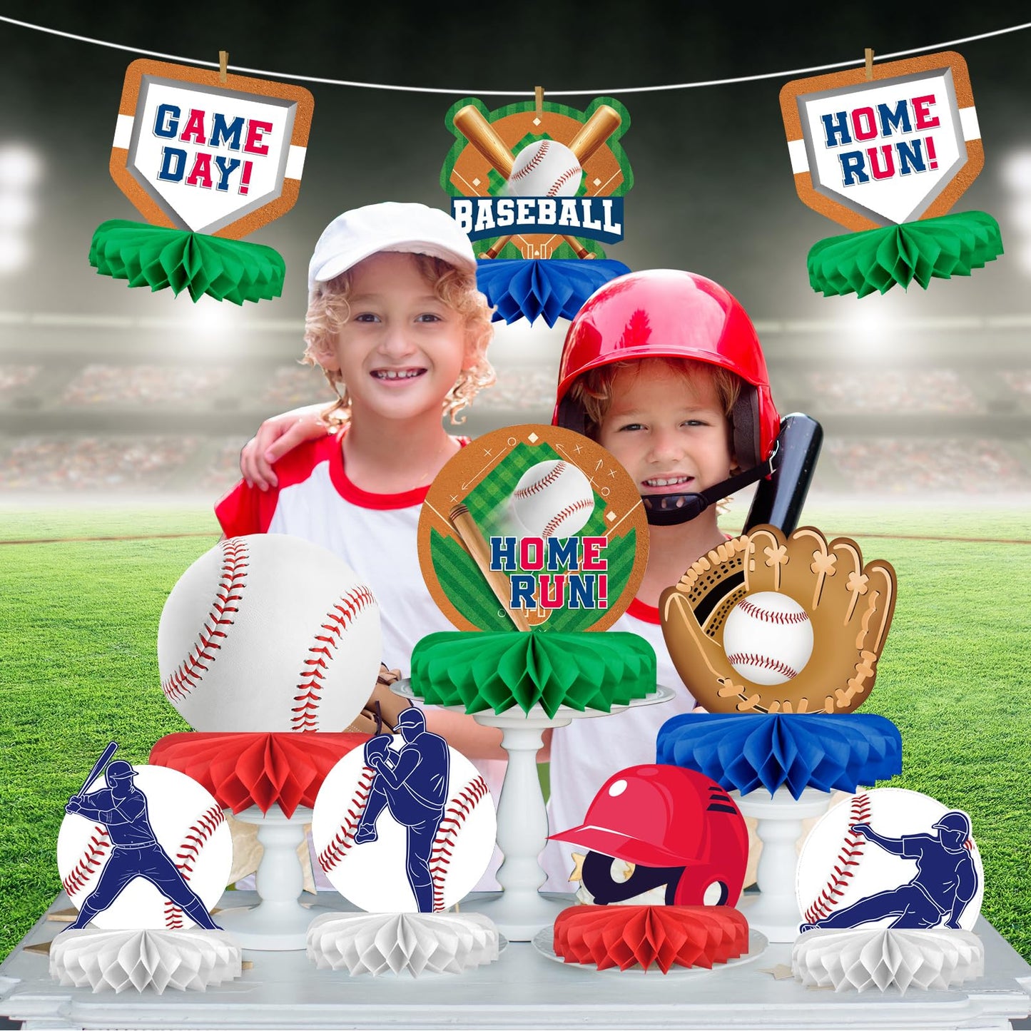 Gatherfun Baseball Honeycomb Centerpiece Pack – 10-Piece Baseball Birthday & Gameday Decorations