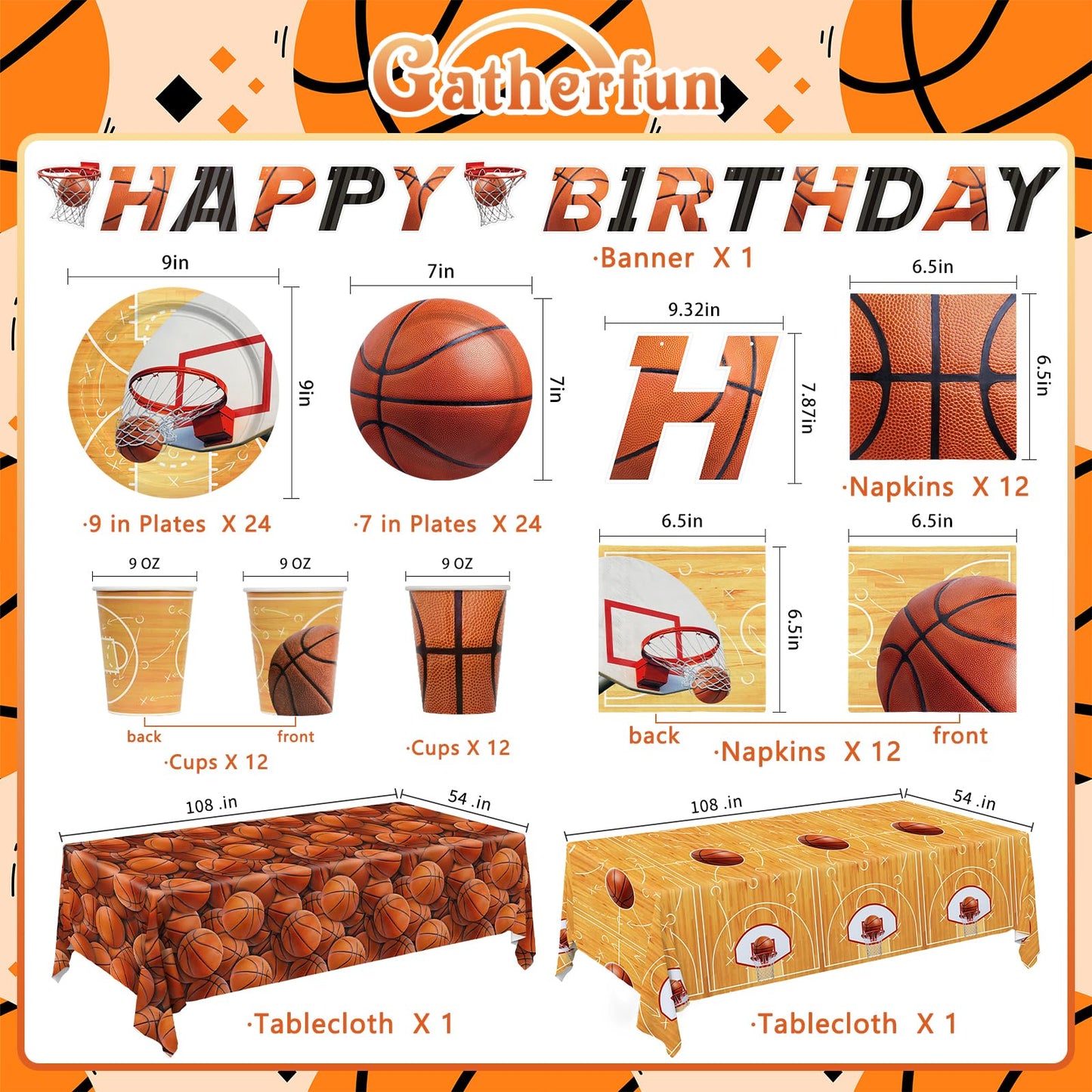Gatherfun Basketball Party Supplies Kit for 24 – Complete Birthday Decorations & Tableware