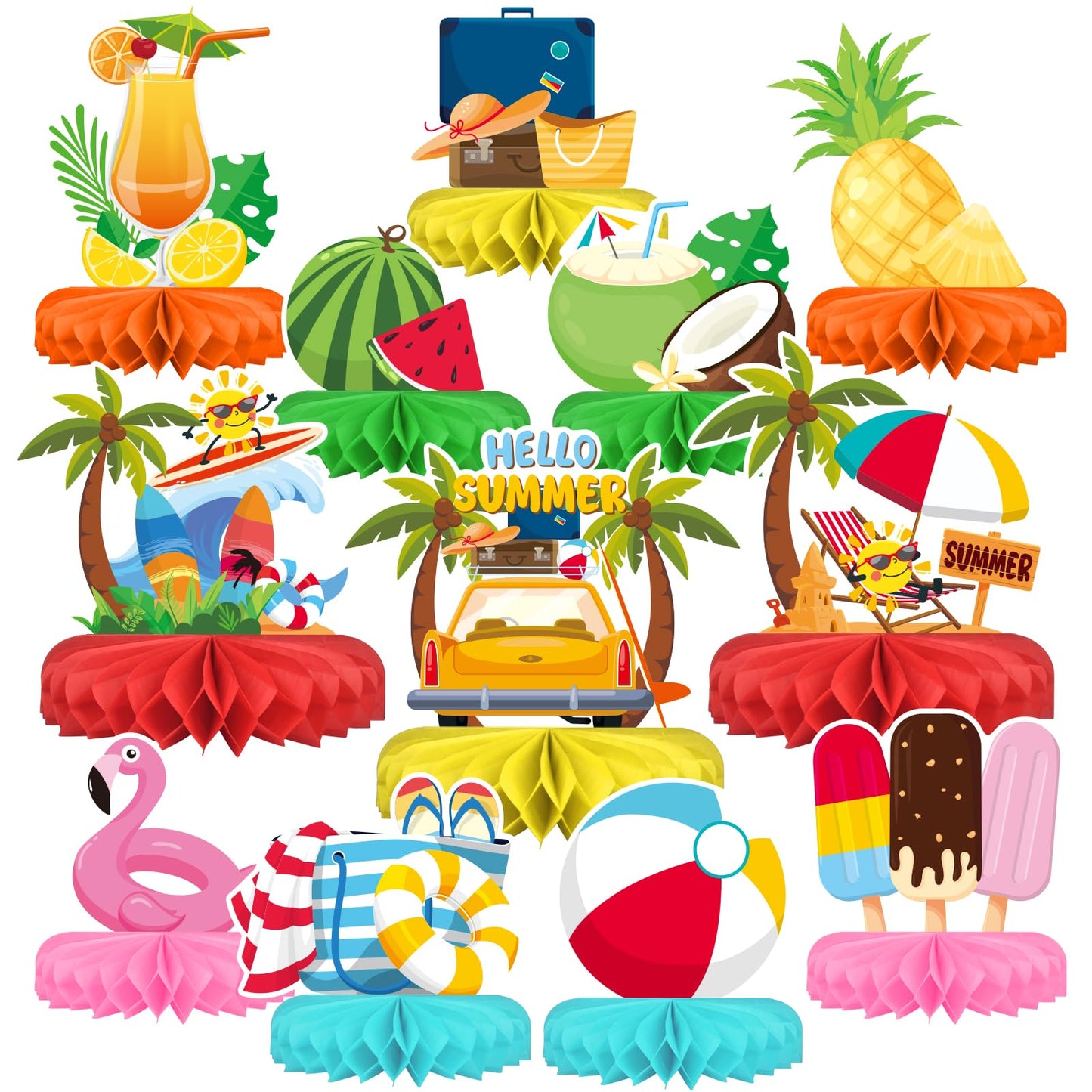 Gatherfun Beach Party Decorations Kit — 12 Honeycomb Centerpieces & Table Decor for Summer & Pool Parties