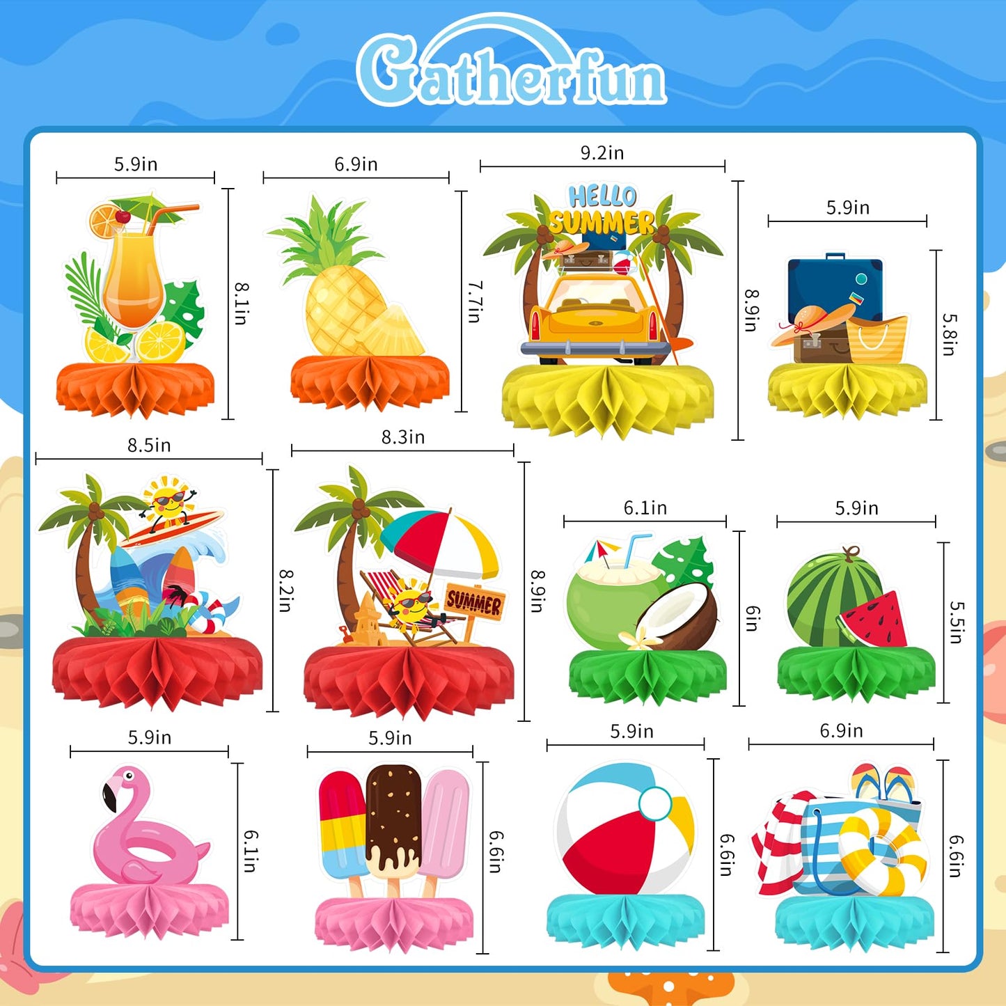 Gatherfun Beach Party Decorations Kit — 12 Honeycomb Centerpieces & Table Decor for Summer & Pool Parties