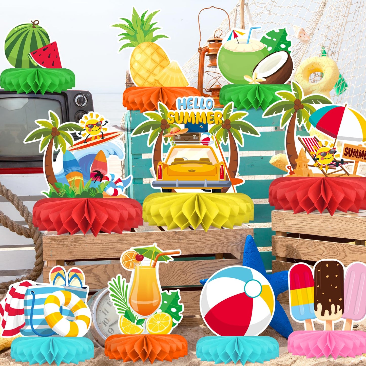 Gatherfun Beach Party Decorations Kit — 12 Honeycomb Centerpieces & Table Decor for Summer & Pool Parties