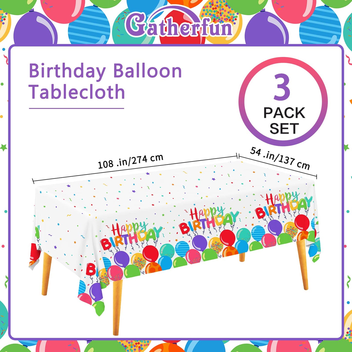 Gatherfun Birthday Disposable Tablecloth – 54x108 in, 3-Pack for Kid’s Party