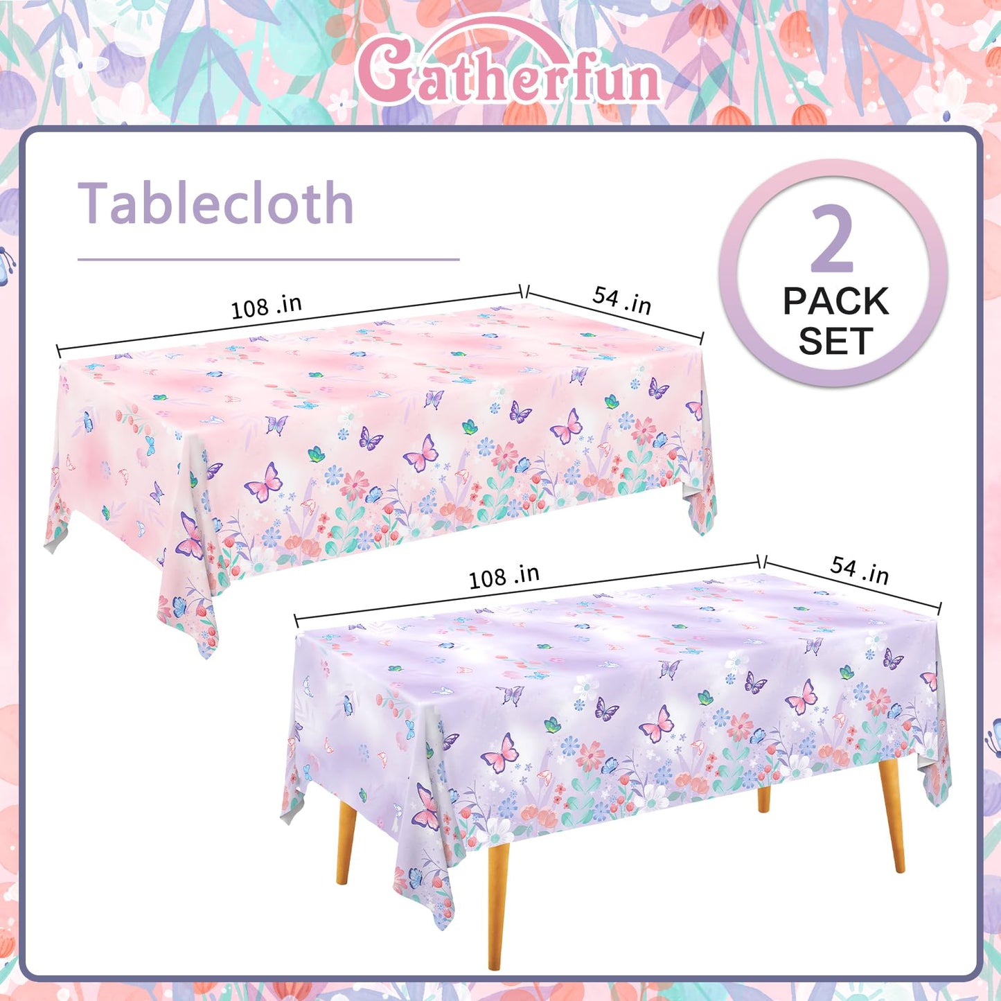 Gatherfun Butterfly Birthday Party Supplies — 2 Disposable Tablecloths, 54" x 108"