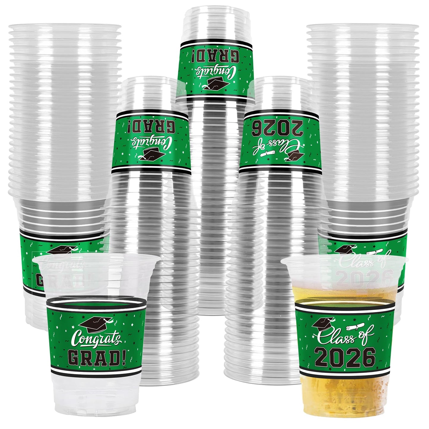 Gatherfun Class of 2026 Celebration - 100-Pack 16oz Green Graduation Plastic Cups for Graduation Party Supplies