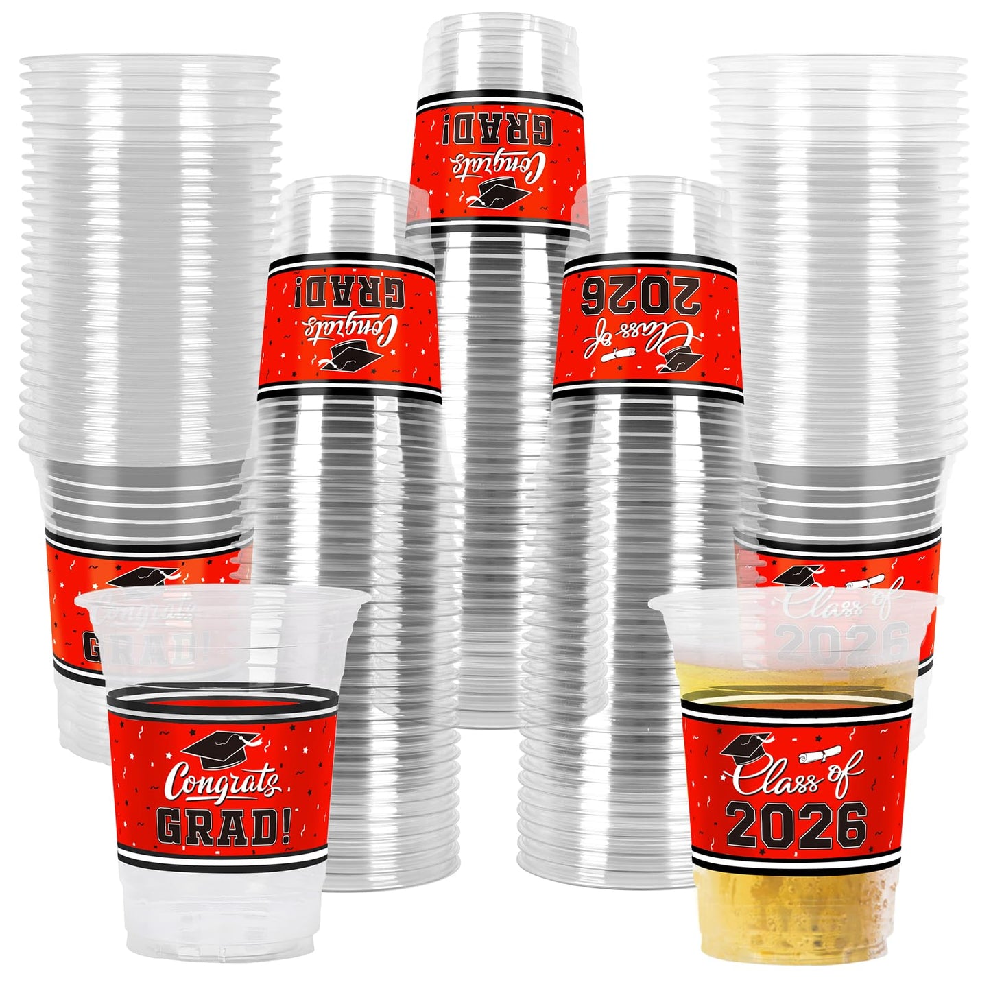 Gatherfun Class of 2026 Graduation Cups - 100 x 16oz Red Plastic Cups for Graduation Party Decorations