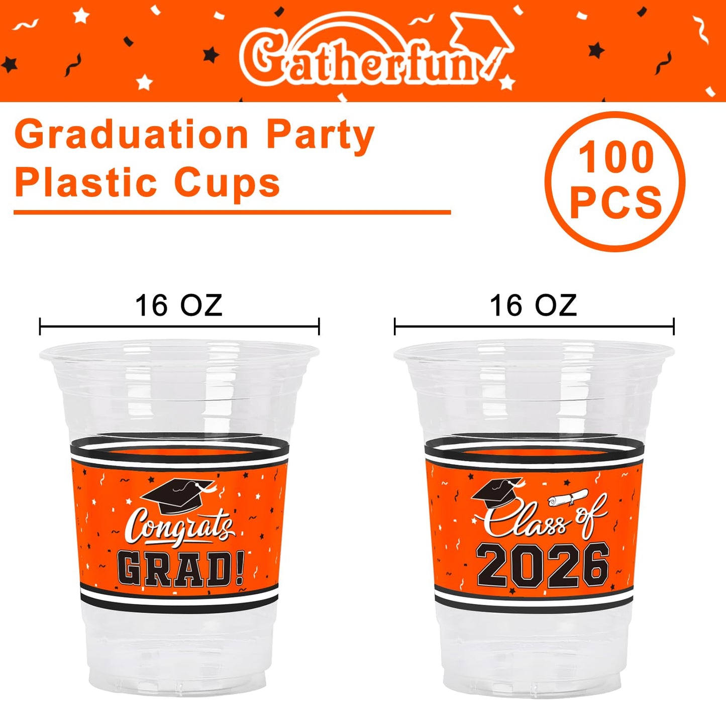 Gatherfun Class of 2026 Graduation Cups - 100 Pack, 16oz Orange Plastic Cups for Festive Party Service