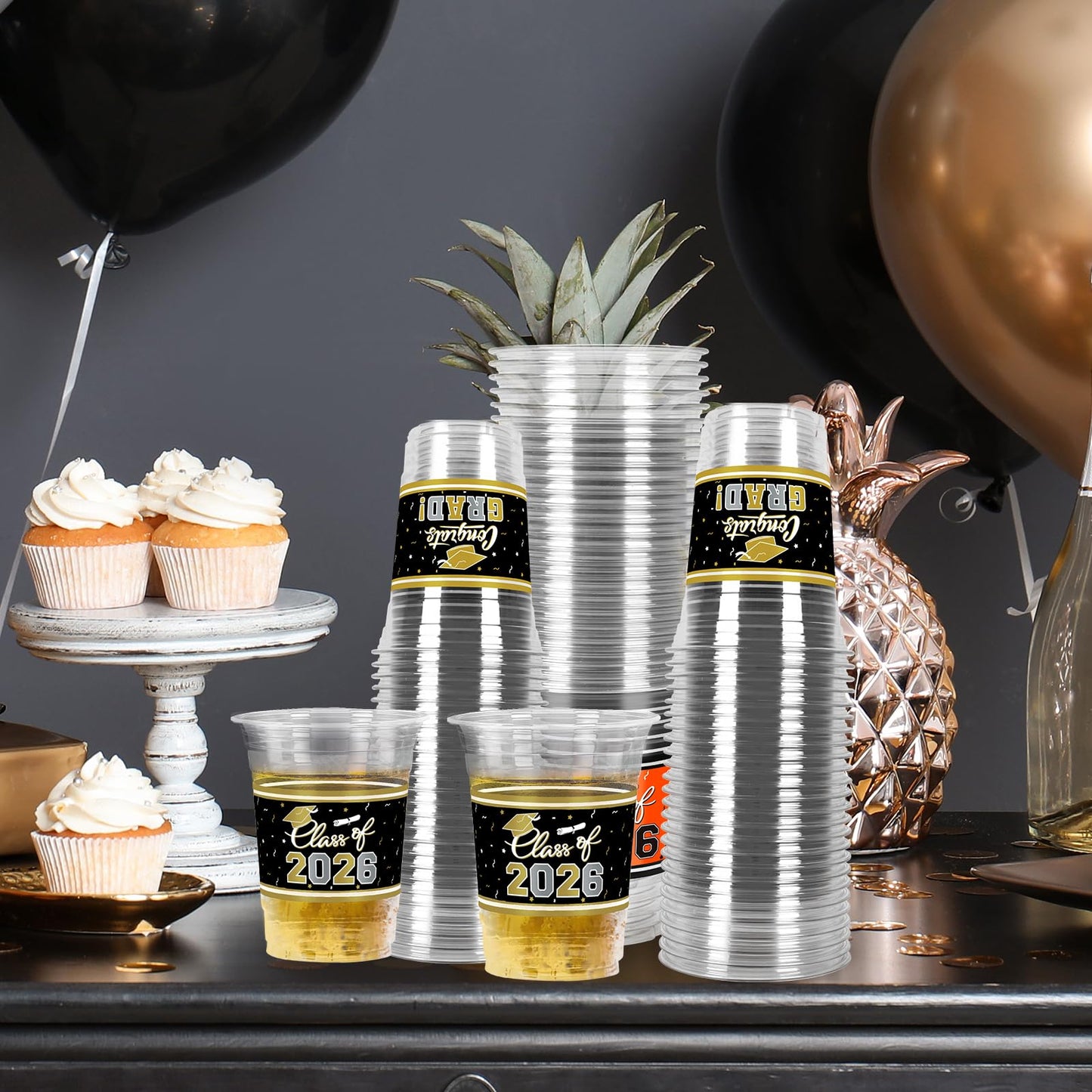 Gatherfun Graduation Decorations – 100 Pcs 16oz Black & Gold Graduation Cups for Grad Party