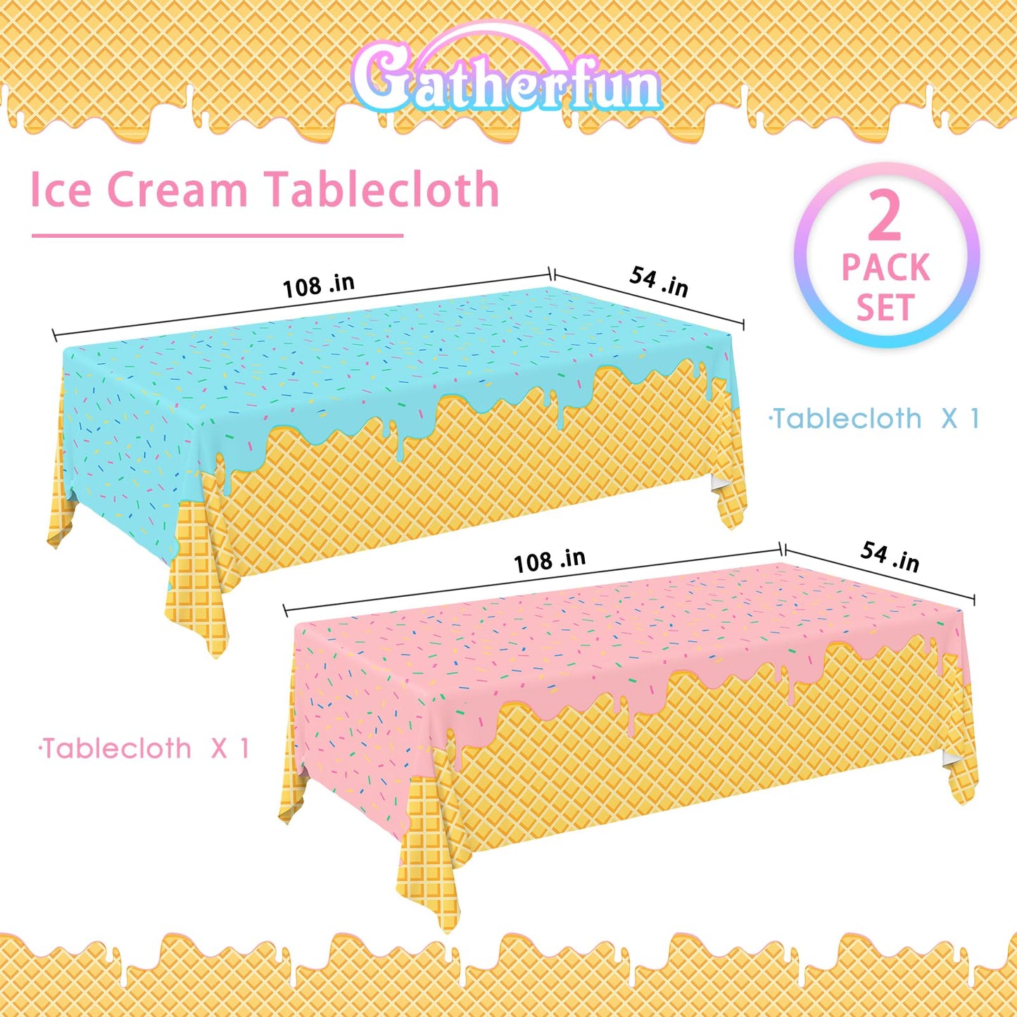 Gatherfun Ice Cream Party Supplies — 2-Pack Tablecloths (54 x 108 in)