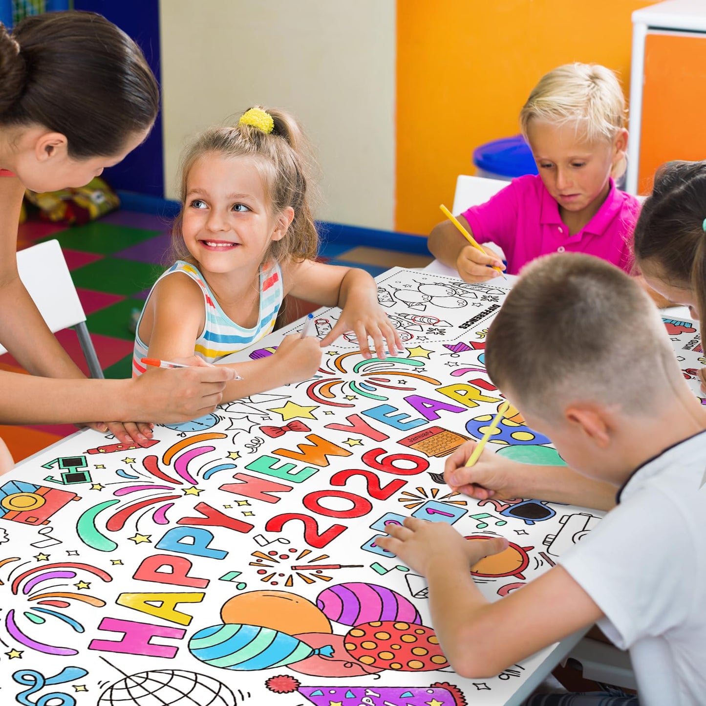 Gatherfun Giant Coloring Poster for Classroom Wall – 31.5 x 72 Inches, Happy New Year Theme