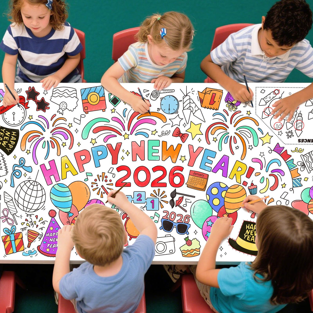 Gatherfun Giant Coloring Poster for Classroom Wall – 31.5 x 72 Inches, Happy New Year Theme