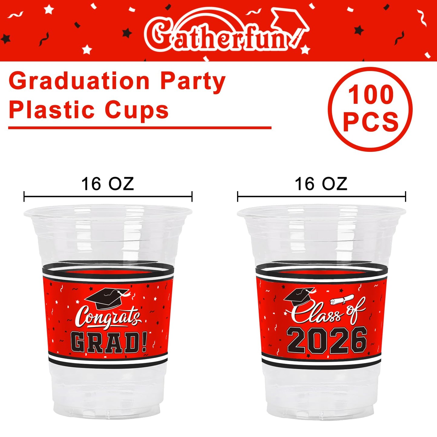 Gatherfun Class of 2026 Graduation Cups - 100 x 16oz Red Plastic Cups for Graduation Party Decorations
