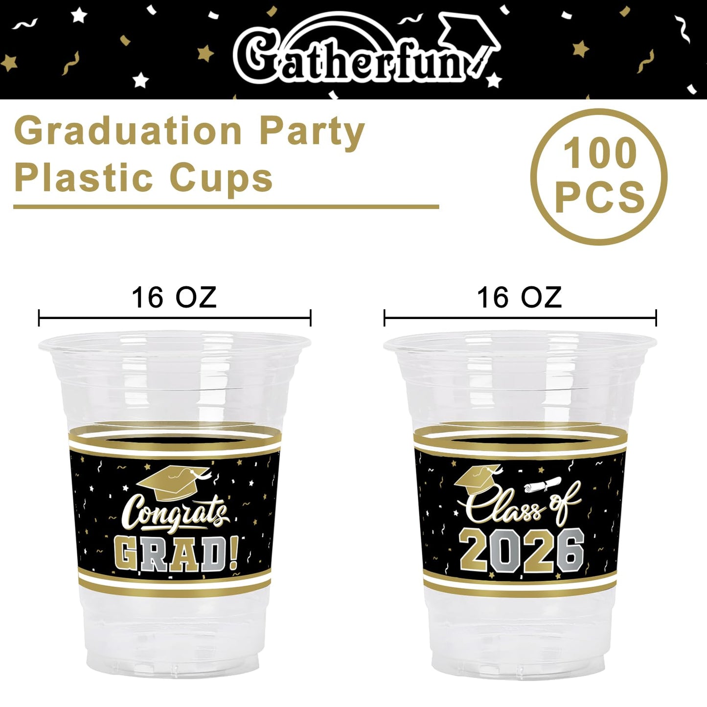 Gatherfun Graduation Decorations – 100 Pcs 16oz Black & Gold Graduation Cups for Grad Party