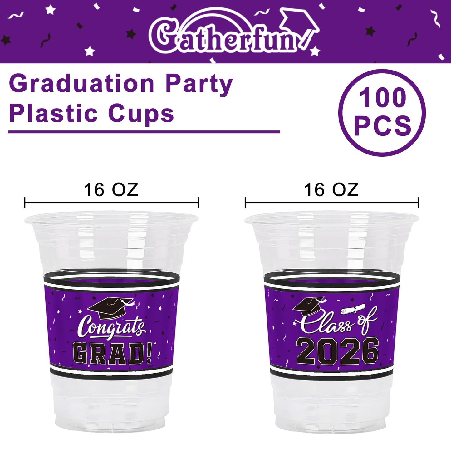 Gatherfun Class of 2026 Celebration – 100 Pcs 16oz Purple Graduation Plastic Cups