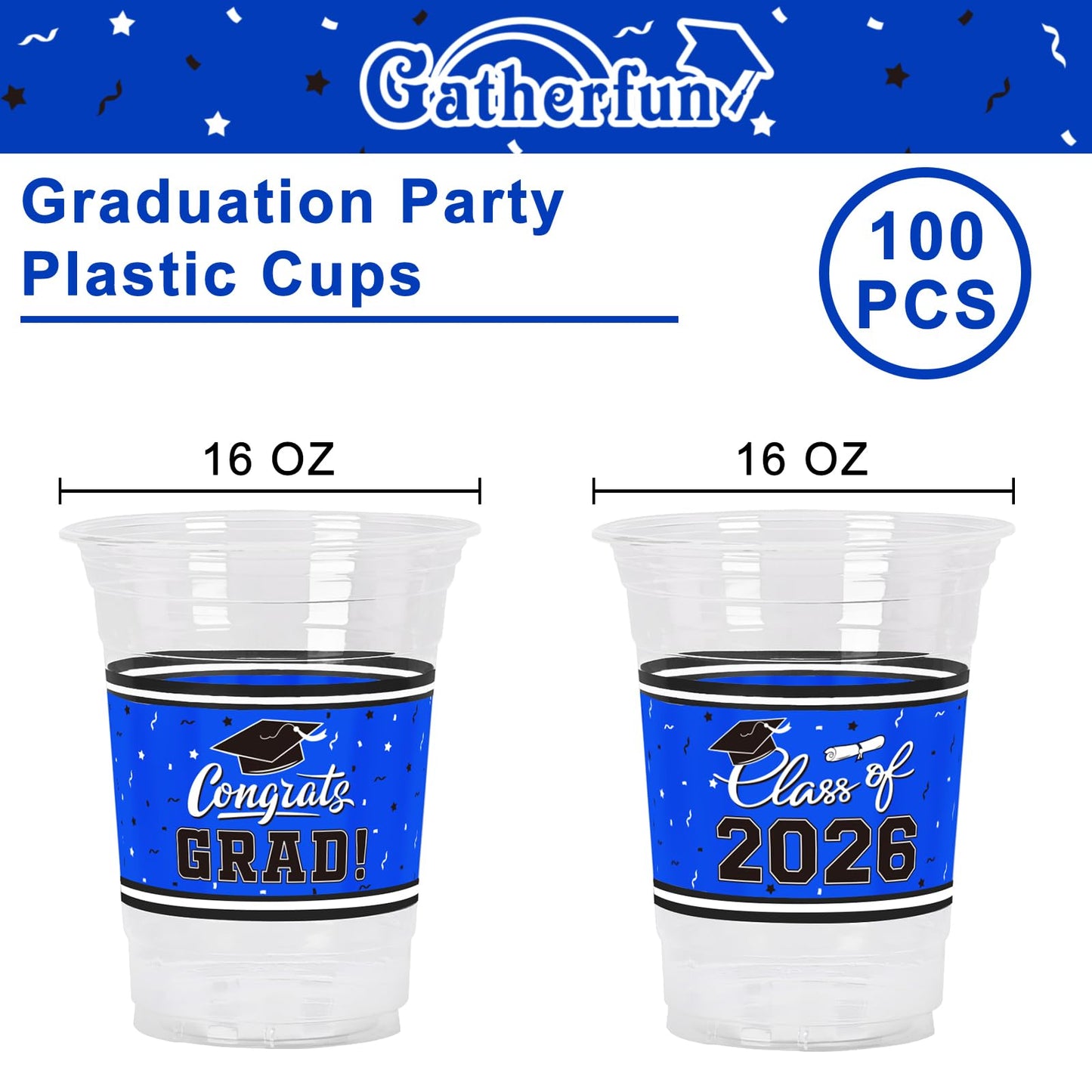 Gatherfun Graduation Decorations – 100-Pack 16oz Blue Cups for Grad Parties