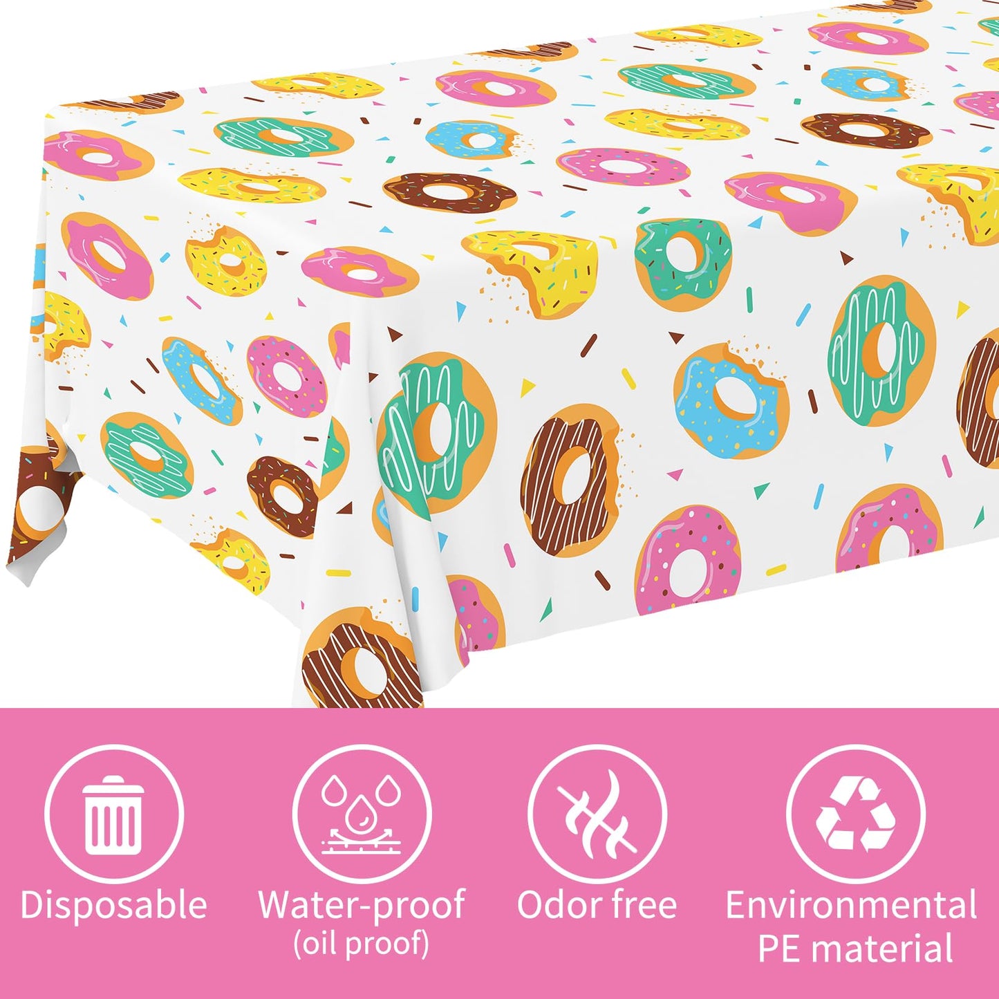 Gatherfun Donut Party Supplies - 2-Pack Donut Birthday Tablecloths (54 x 108 in) | Disposable Party Cover