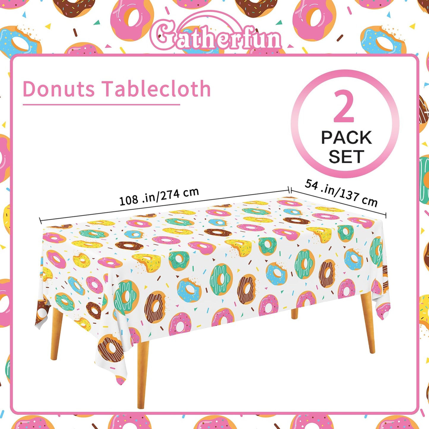 Gatherfun Donut Party Supplies - 2-Pack Donut Birthday Tablecloths (54 x 108 in) | Disposable Party Cover