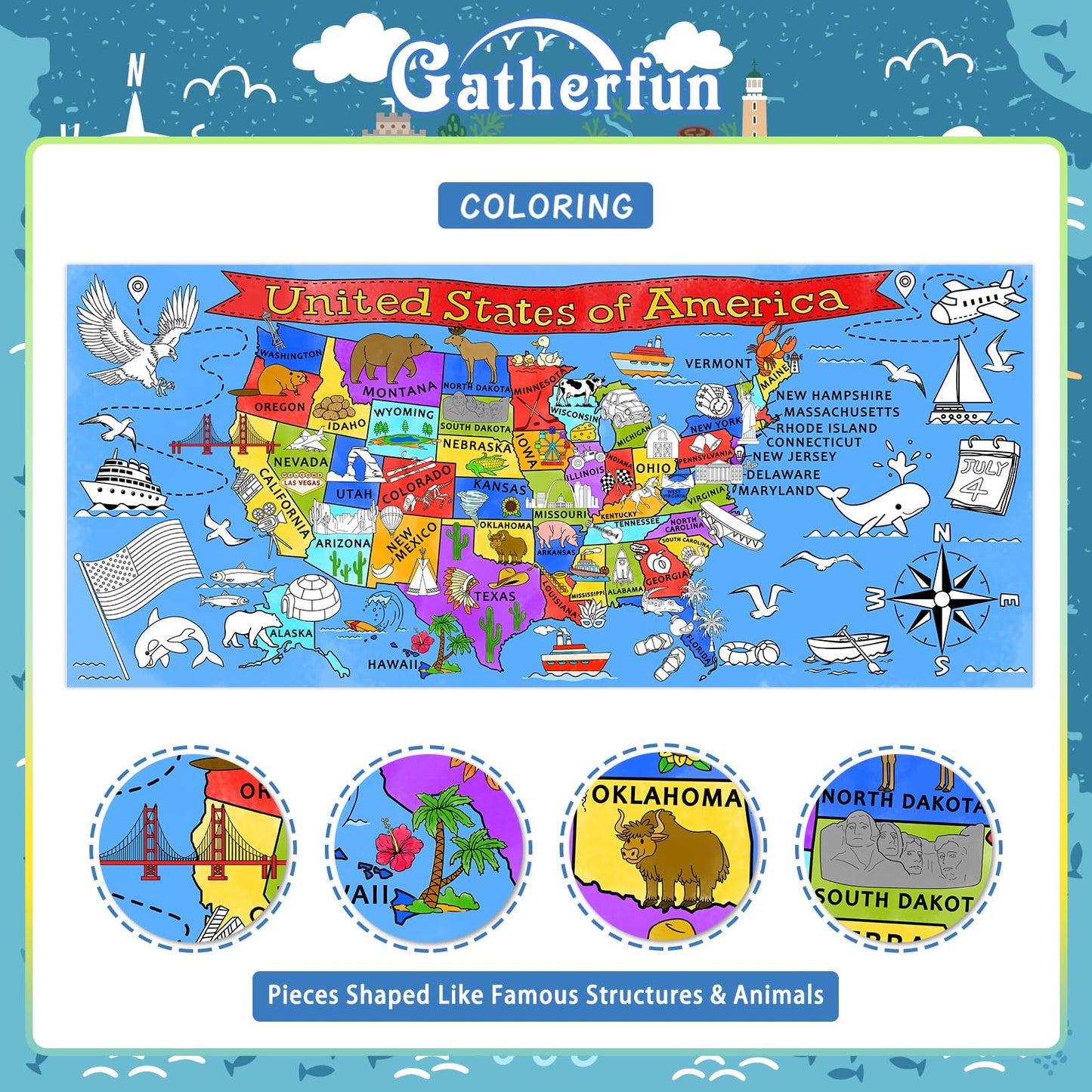 Gatherfun USA Coloring Activity Poster — Giant 31.5x72 Classroom Wall Decor & Party Table Cover
