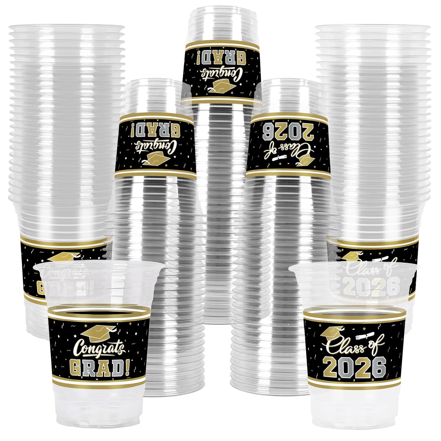Gatherfun Graduation Decorations – 100 Pcs 16oz Black & Gold Graduation Cups for Grad Party