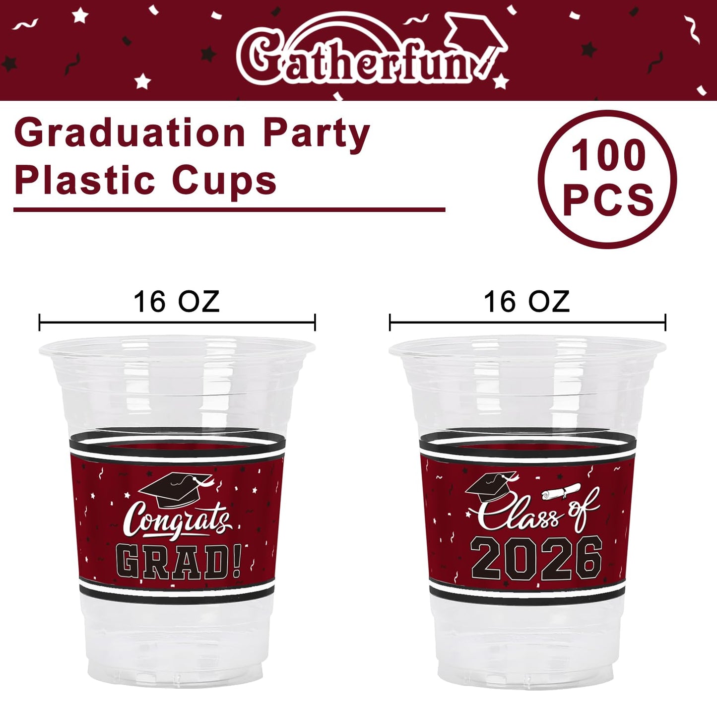 Gatherfun Class of 2026 Graduation Cups – 100 Pack, 16oz Maroon | Party Decor & Durable Drinkware