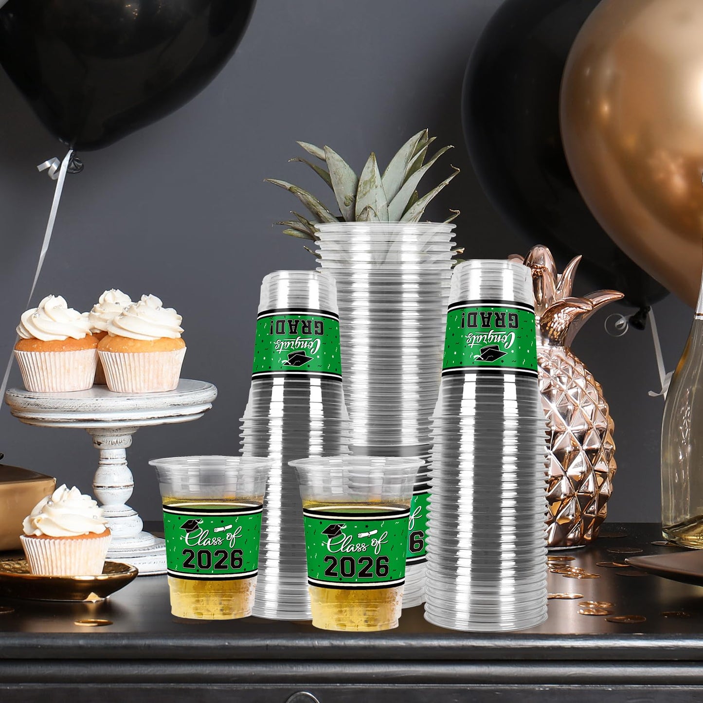 Gatherfun Class of 2026 Celebration - 100-Pack 16oz Green Graduation Plastic Cups for Graduation Party Supplies
