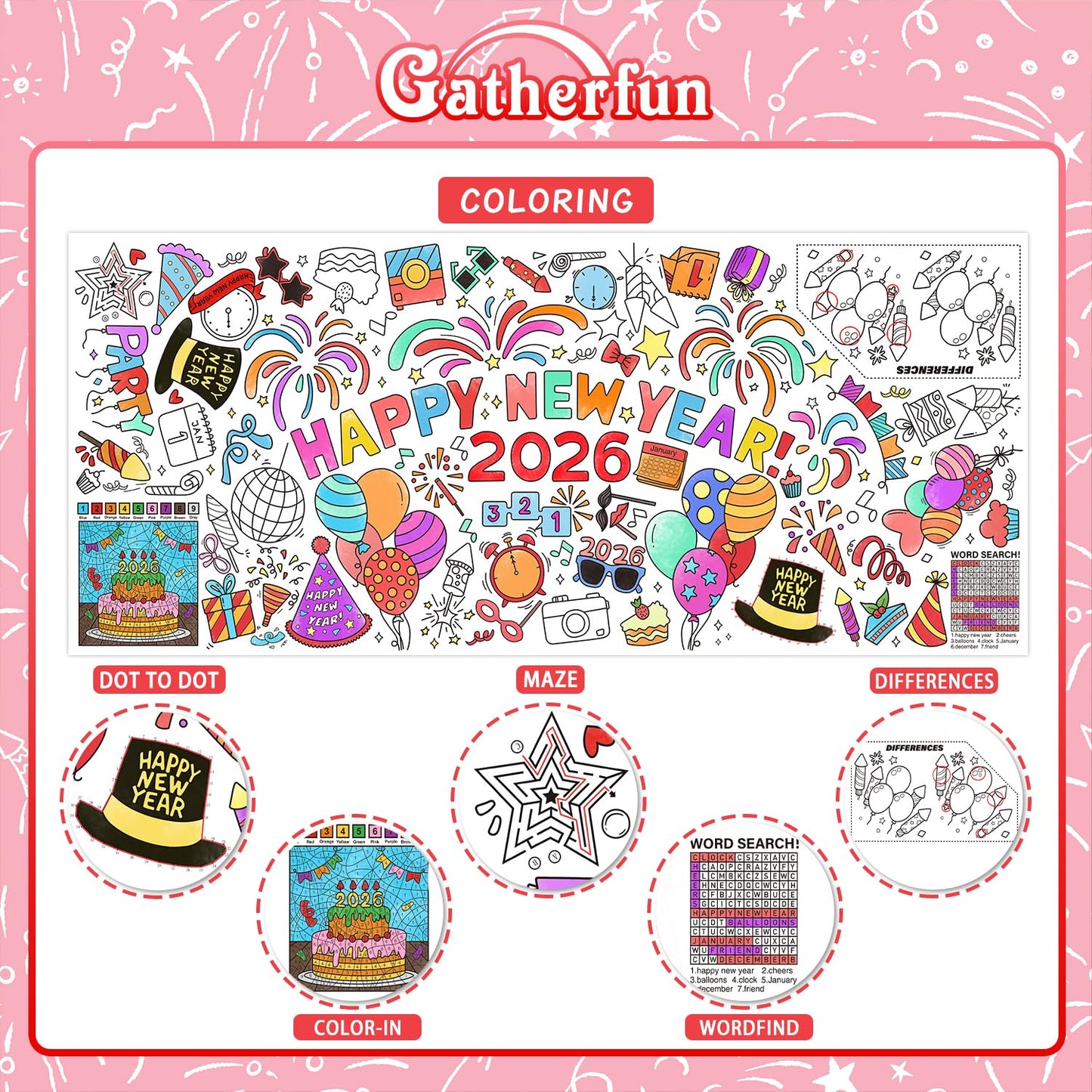 Gatherfun Giant Coloring Poster for Classroom Wall – 31.5 x 72 Inches, Happy New Year Theme