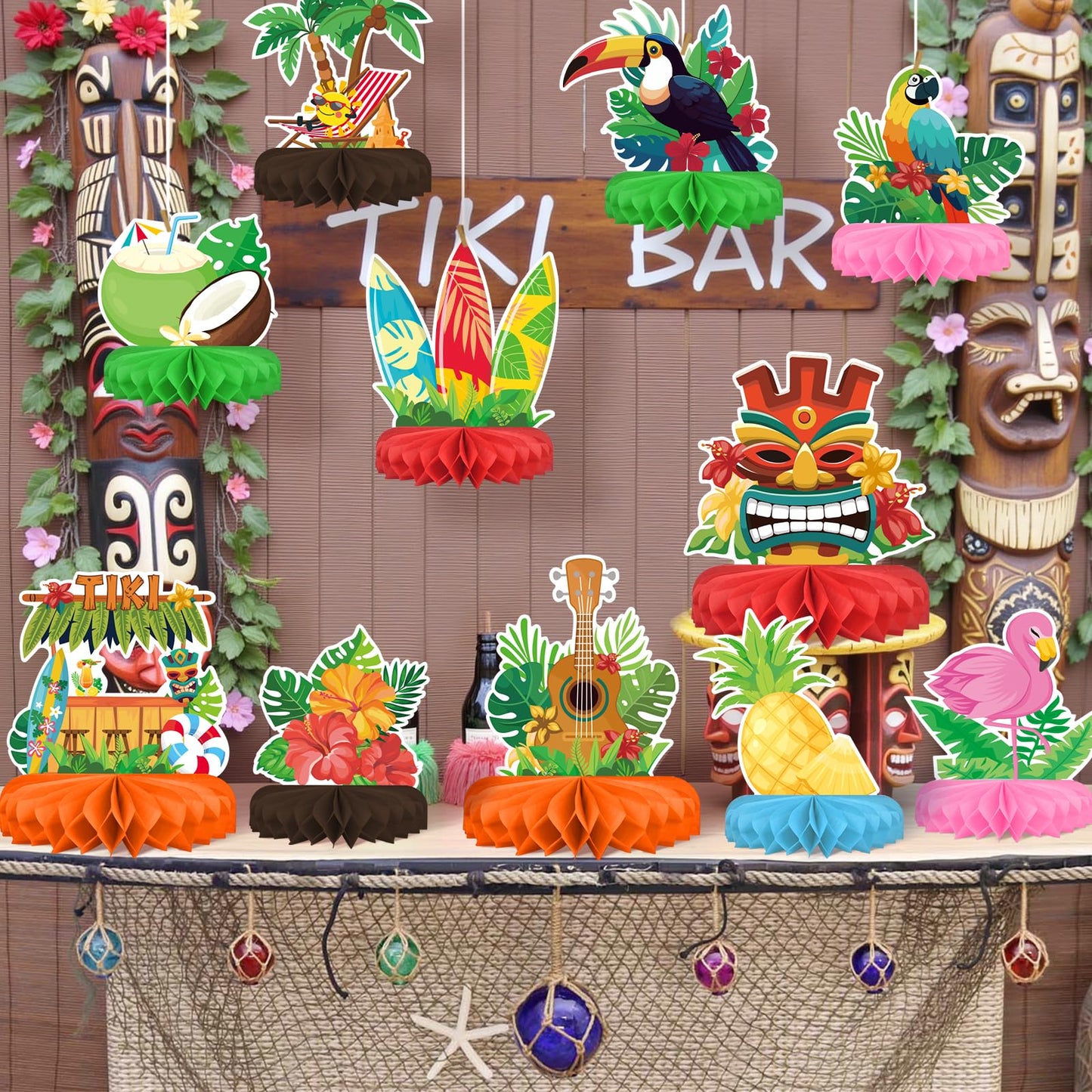 Gatherfun Hawaiian Luau Party Decorations Set – Aloha Table Centerpieces, Luau Honeycomb, Tiki & Hawaiian Party Supplies