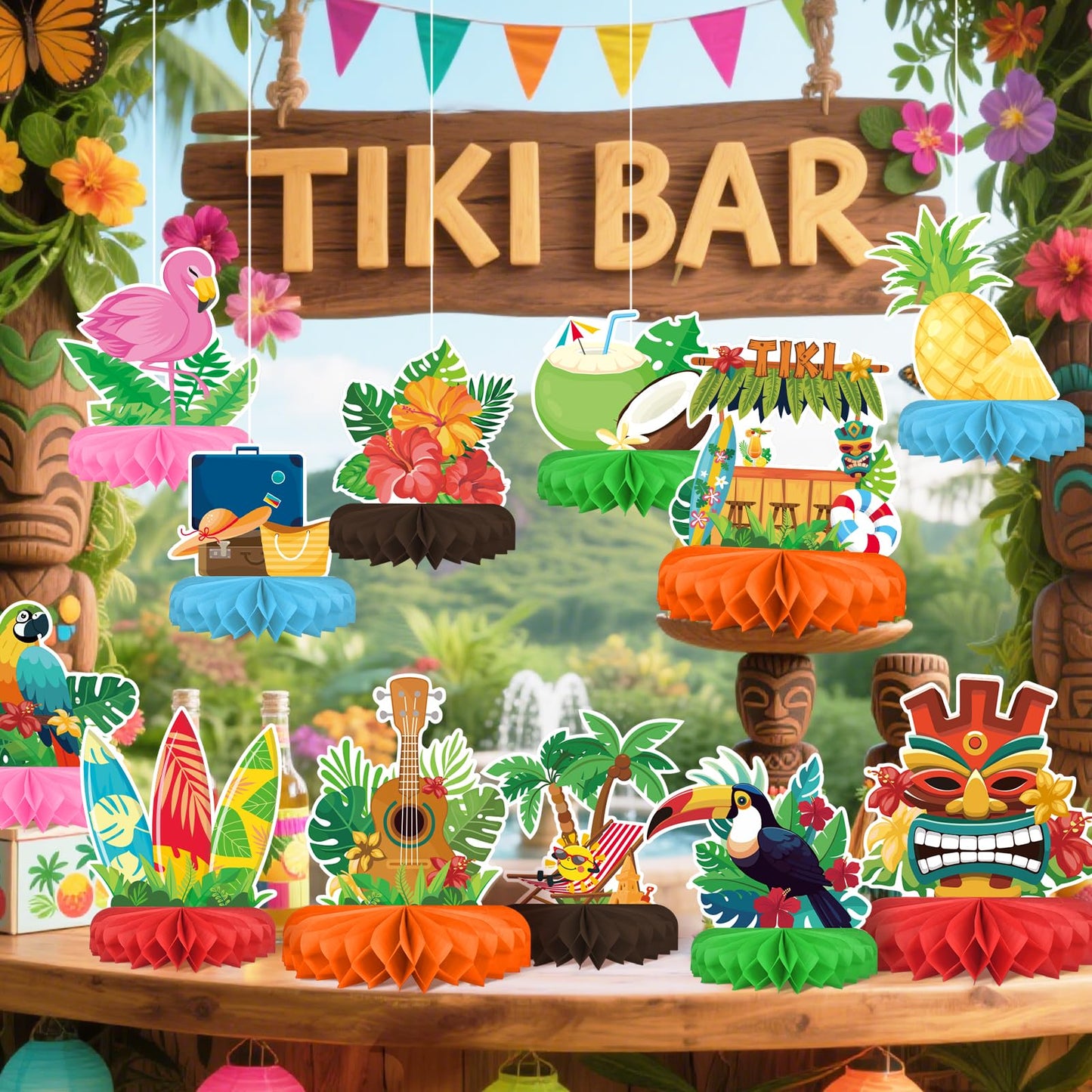 Gatherfun Hawaiian Luau Party Decorations Set – Aloha Table Centerpieces, Luau Honeycomb, Tiki & Hawaiian Party Supplies