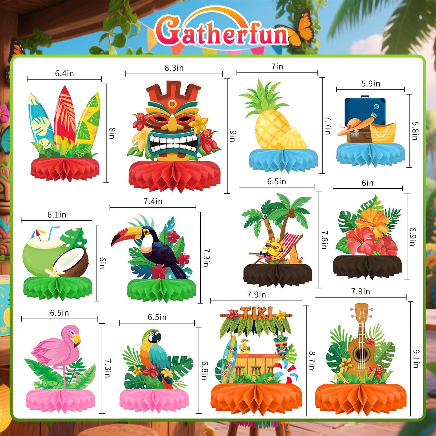 Gatherfun Hawaiian Luau Party Decorations Set – Aloha Table Centerpieces, Luau Honeycomb, Tiki & Hawaiian Party Supplies