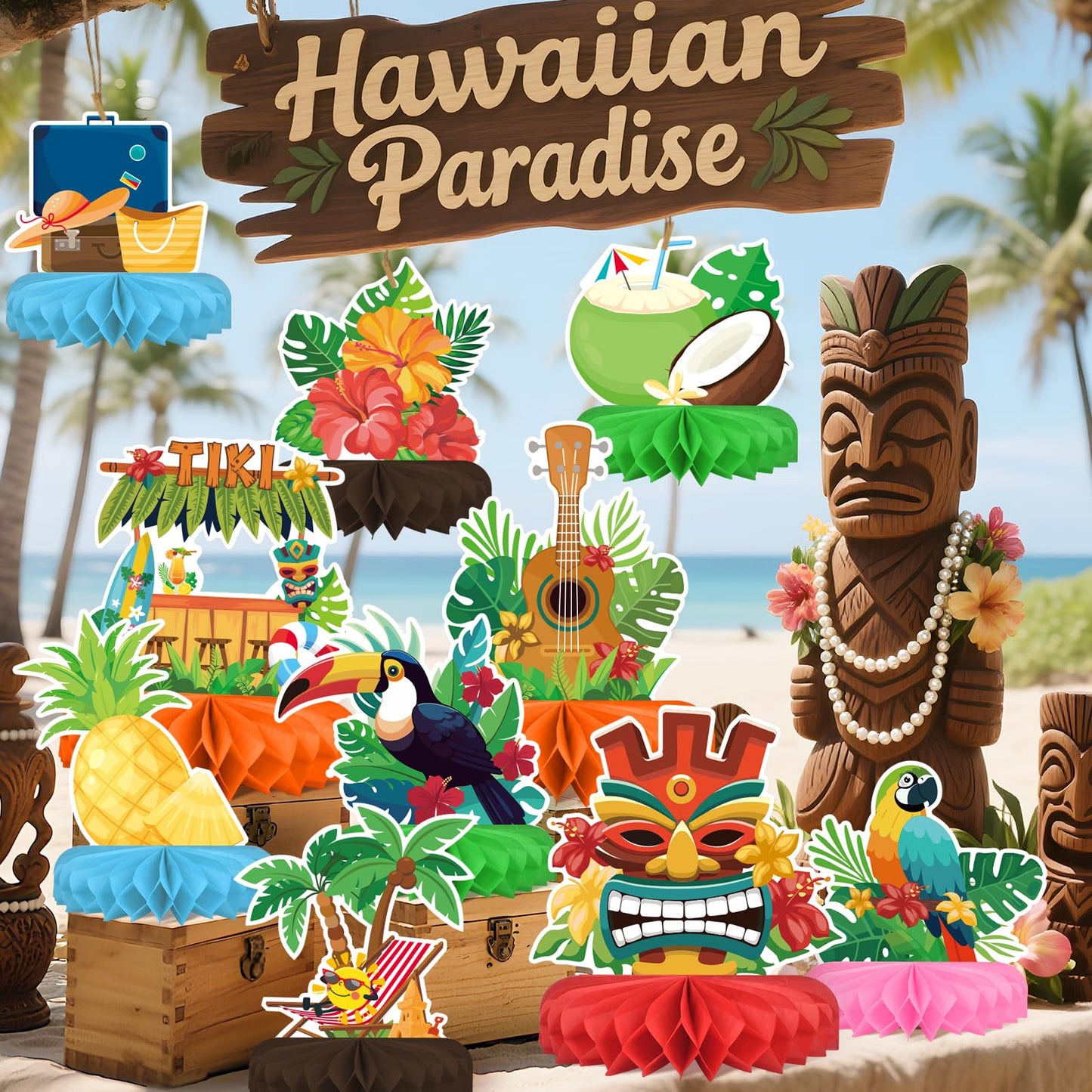 Gatherfun Hawaiian Luau Party Decorations Set – Aloha Table Centerpieces, Luau Honeycomb, Tiki & Hawaiian Party Supplies
