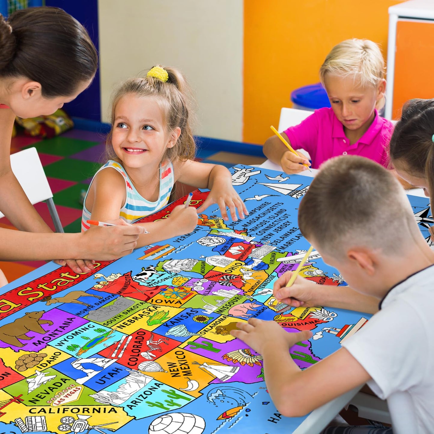 Gatherfun USA Coloring Activity Poster — Giant 31.5x72 Classroom Wall Decor & Party Table Cover