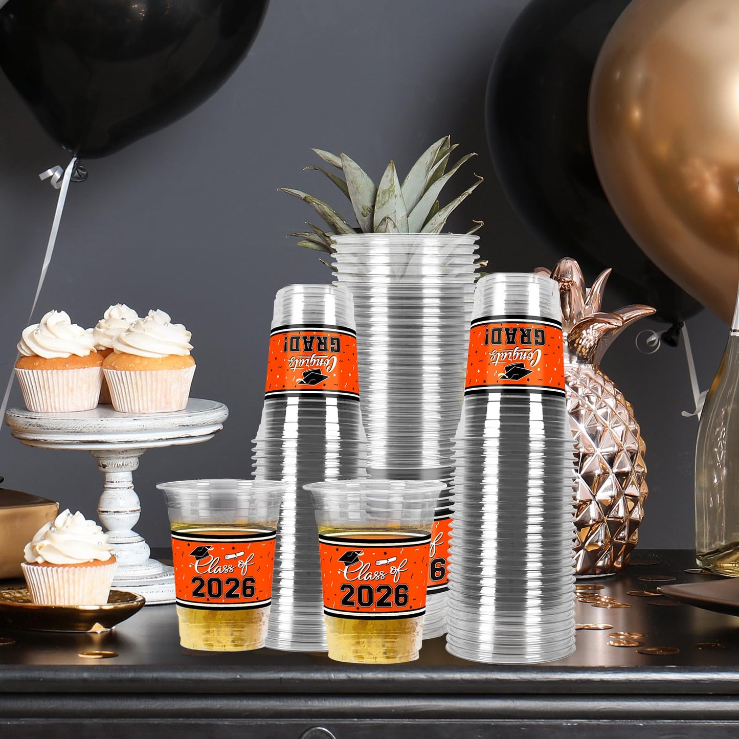 Gatherfun Class of 2026 Graduation Cups - 100 Pack, 16oz Orange Plastic Cups for Festive Party Service