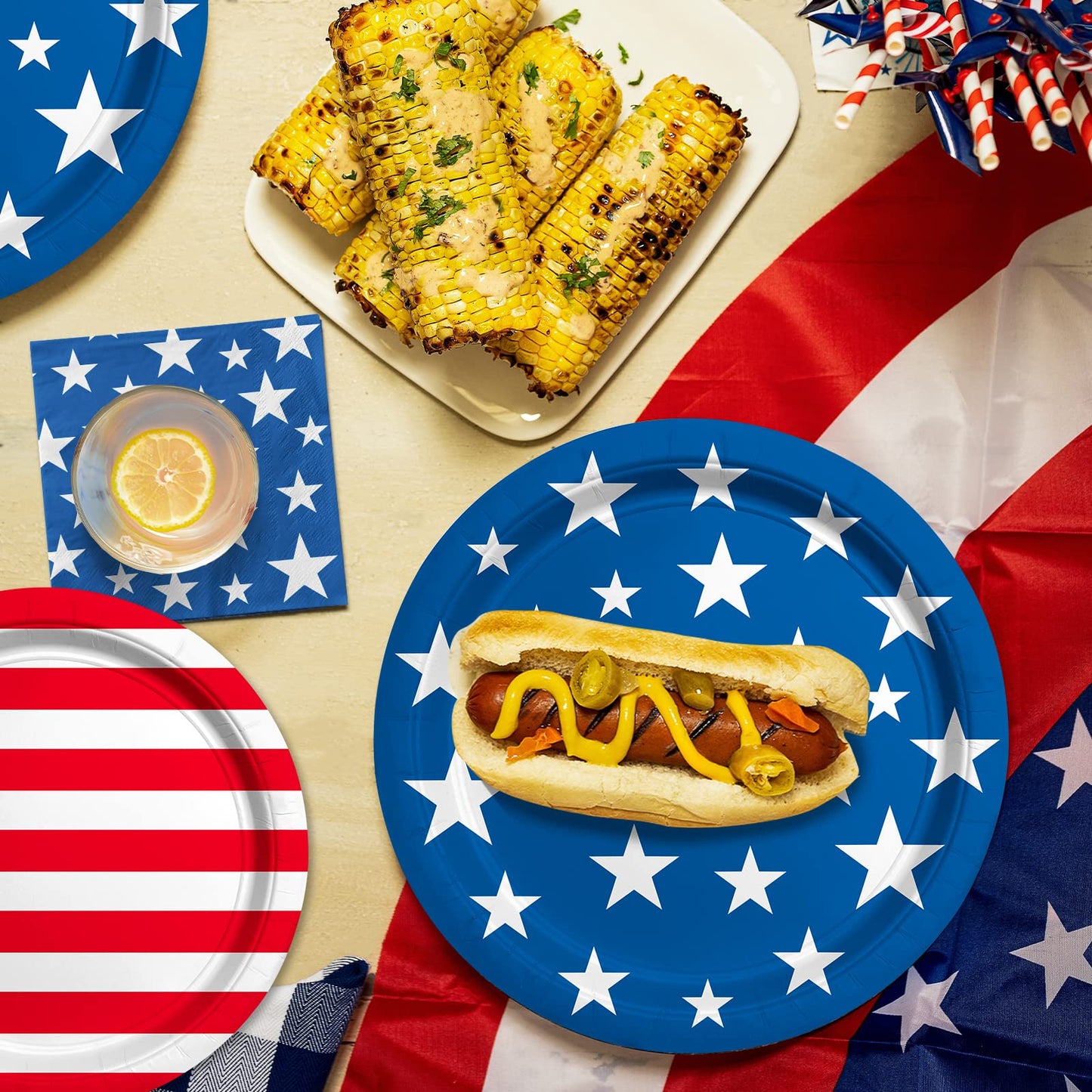 Gatherfun American Flag Patriotic Party Supplies – 50pc Disposable Dinner Plates, Dessert Plates, Napkins & Cocktail Napkins