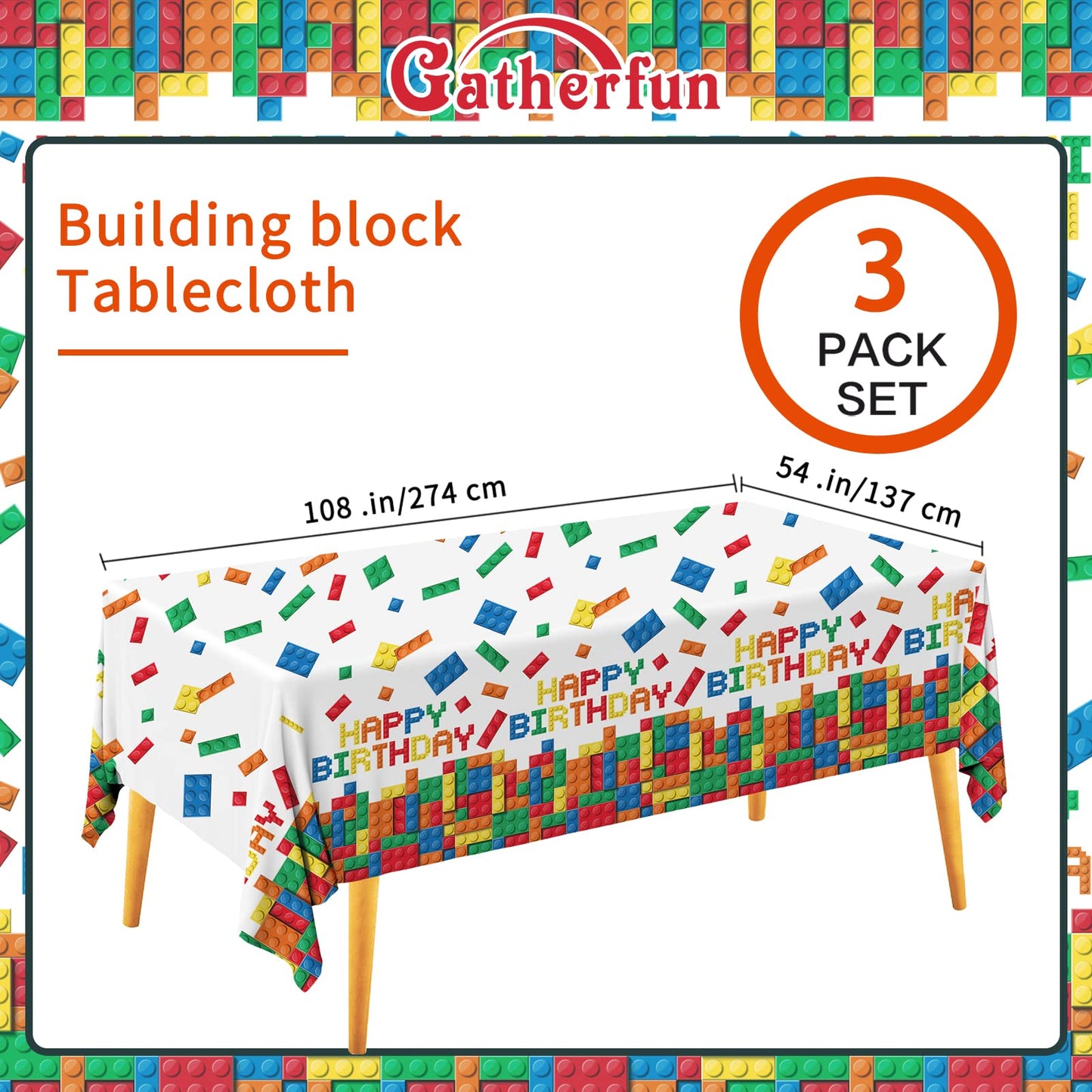 Gatherfun Building Block Tablecloth – 3-Pack, 54 x 108 in, Plastic Block-Themed Party Cover