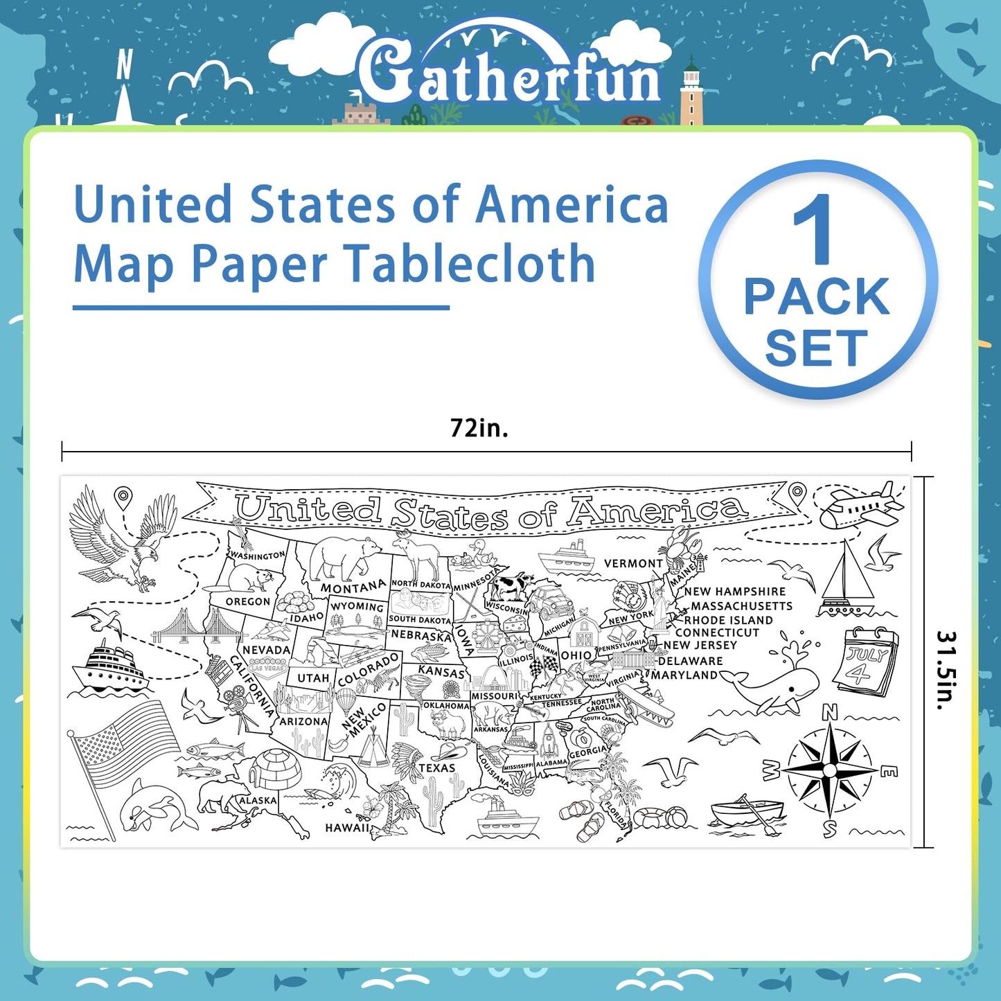 Gatherfun USA Coloring Activity Poster — Giant 31.5x72 Classroom Wall Decor & Party Table Cover