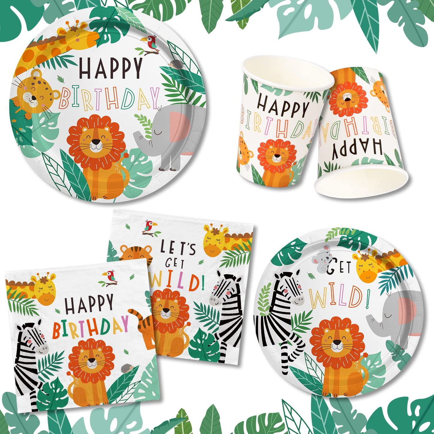 Gatherfun Safari Jungle Birthday Party Supplies – 25-Count Dinner Plates, Dessert Plates, Napkins, Cups, Banner & Tablecloth