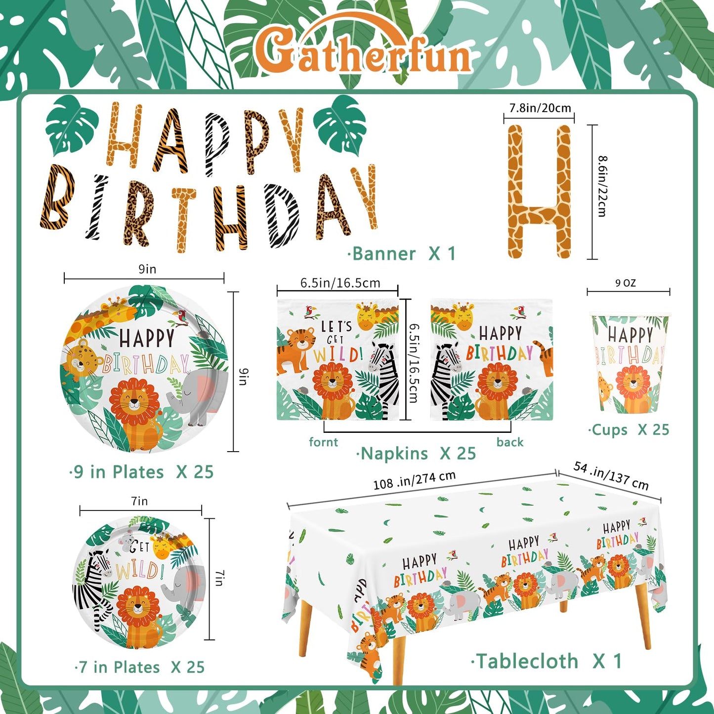 Gatherfun Safari Jungle Birthday Party Supplies – 25-Count Dinner Plates, Dessert Plates, Napkins, Cups, Banner & Tablecloth