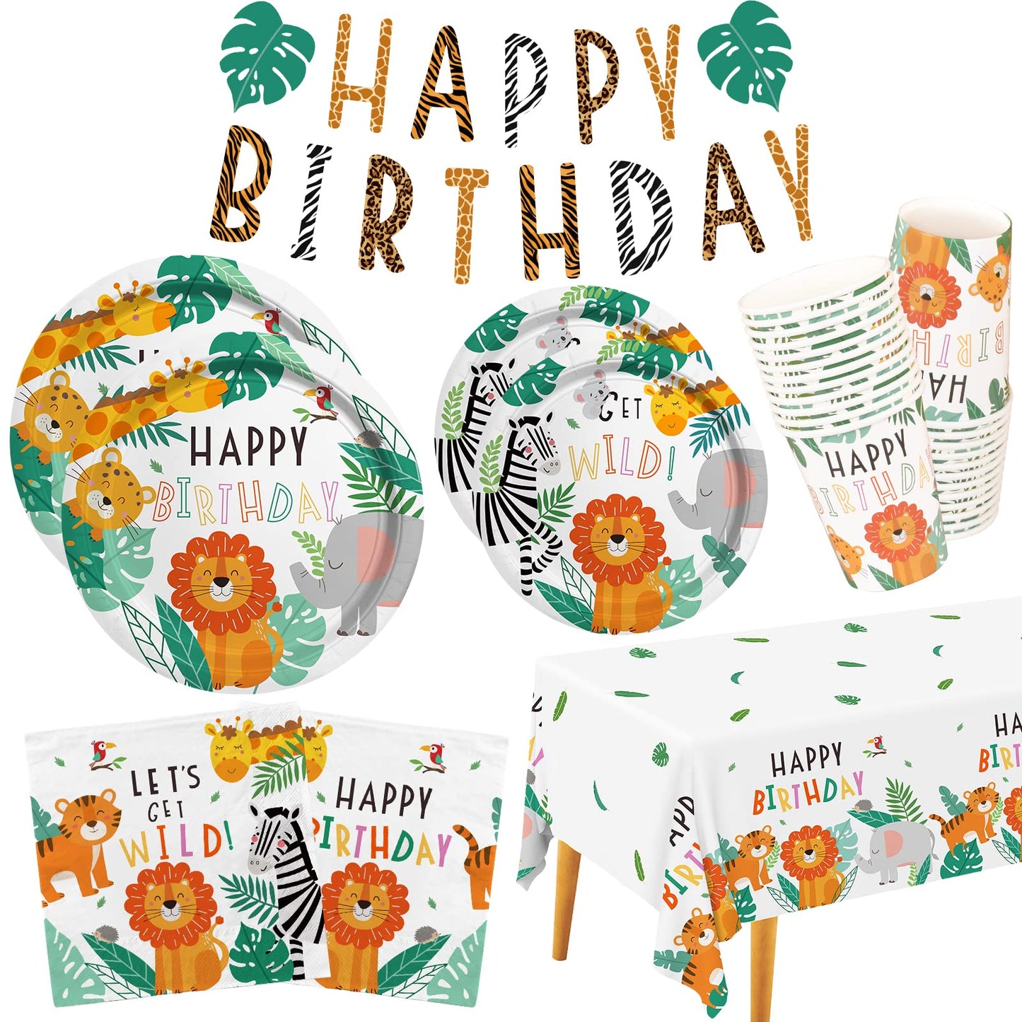 Gatherfun Safari Jungle Birthday Party Supplies – 25-Count Dinner Plates, Dessert Plates, Napkins, Cups, Banner & Tablecloth