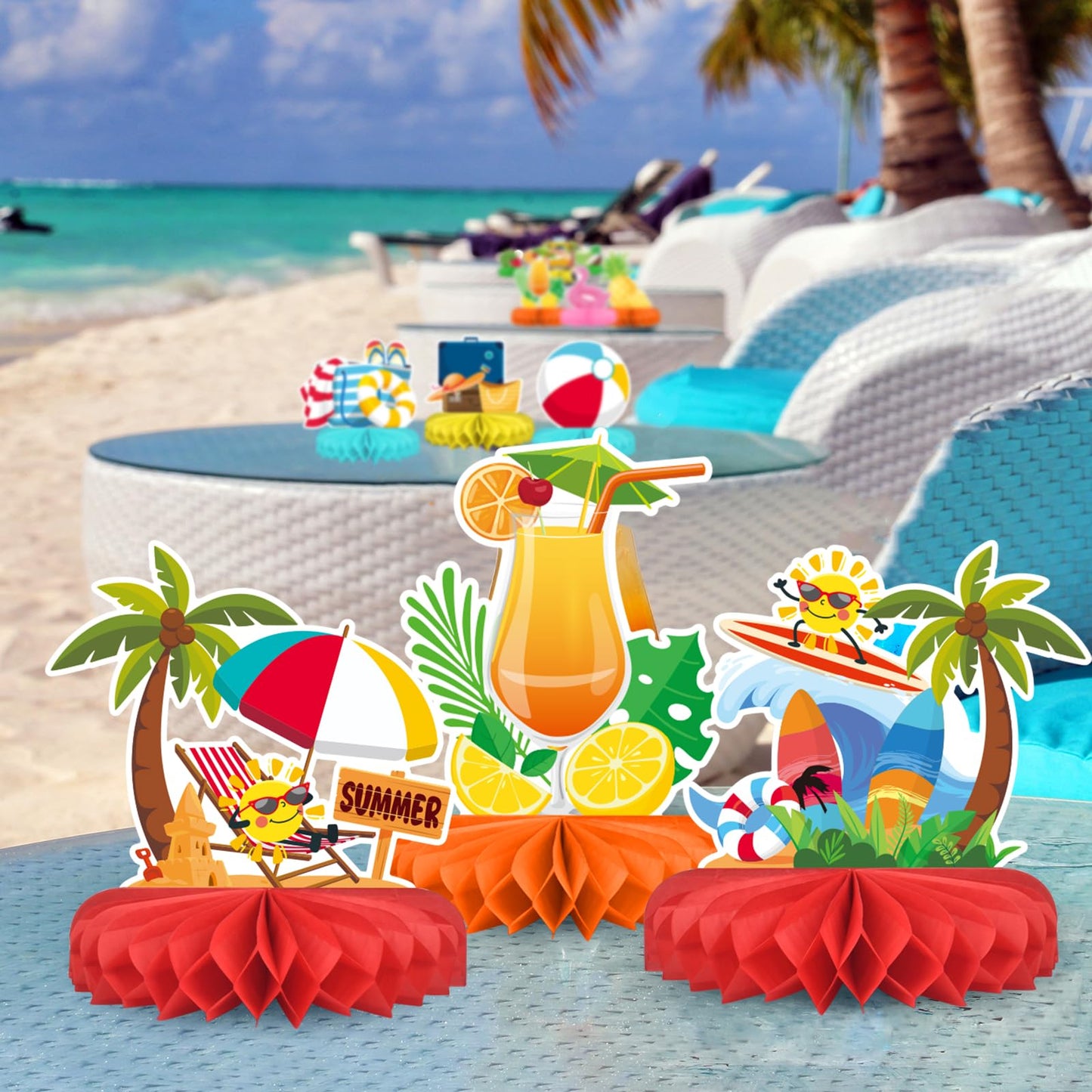 Gatherfun Beach Party Decorations Kit — 12 Honeycomb Centerpieces & Table Decor for Summer & Pool Parties