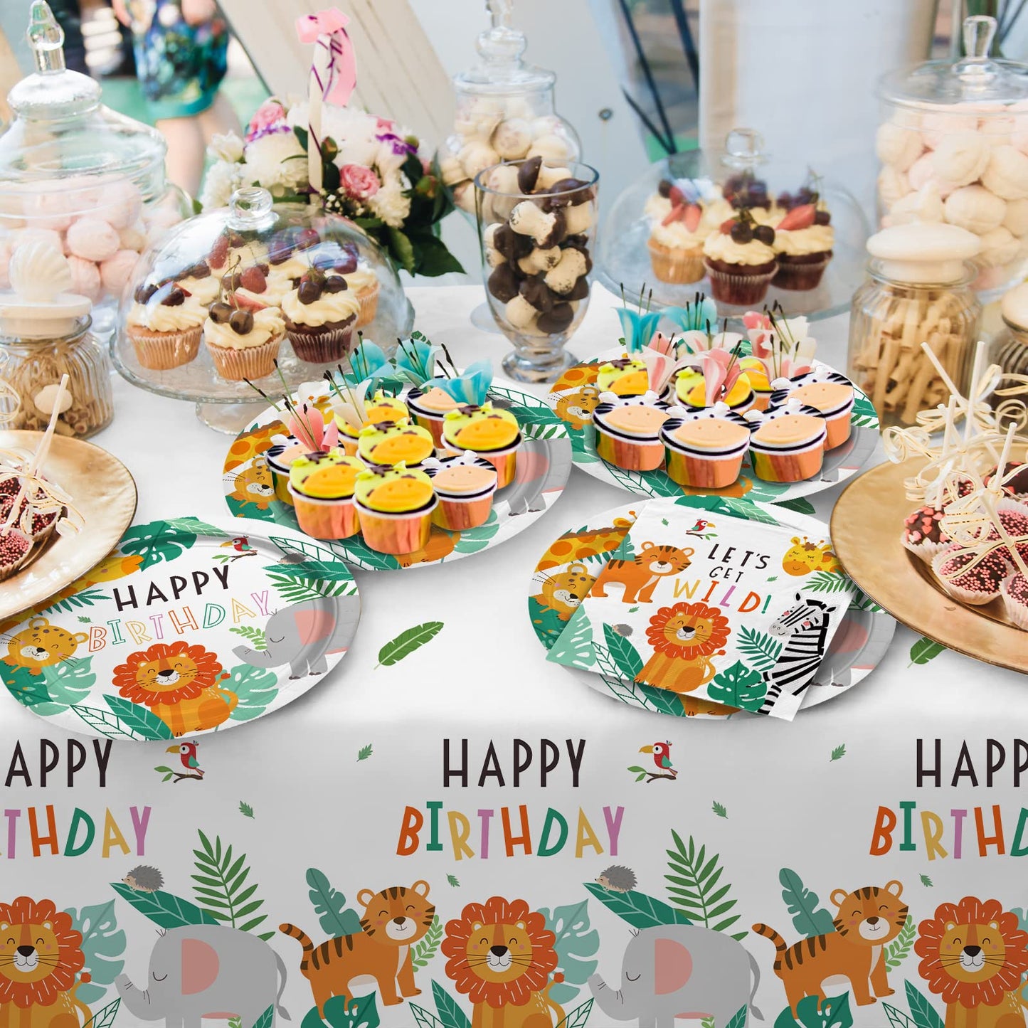 Gatherfun Safari Jungle Birthday Party Supplies – 25-Count Dinner Plates, Dessert Plates, Napkins, Cups, Banner & Tablecloth