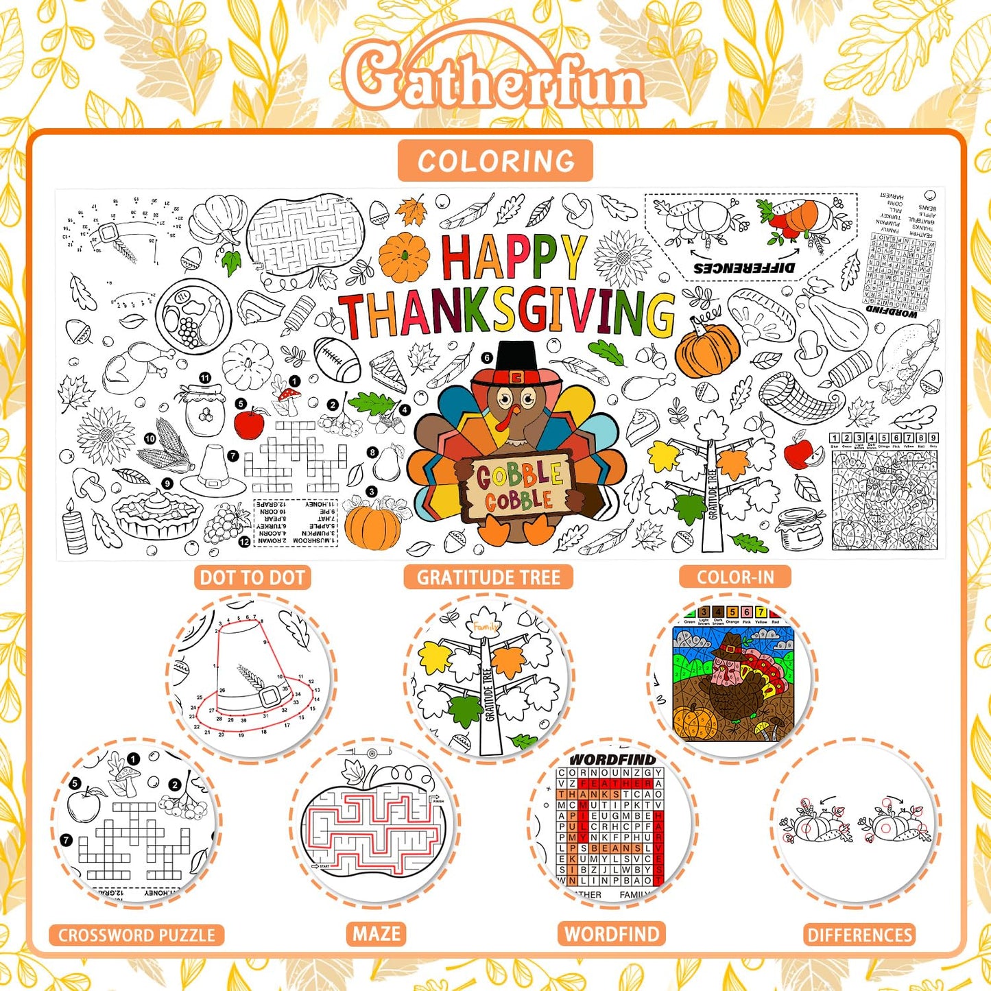 Gatherfun Family Fun Thanksgiving Activity Poster – 31.5 x 72 in Turkey-Themed Coloring Banner & Table Cover