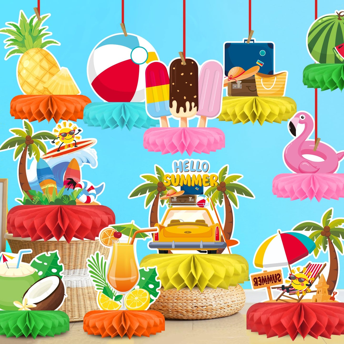 Gatherfun Beach Party Decorations Kit — 12 Honeycomb Centerpieces & Table Decor for Summer & Pool Parties