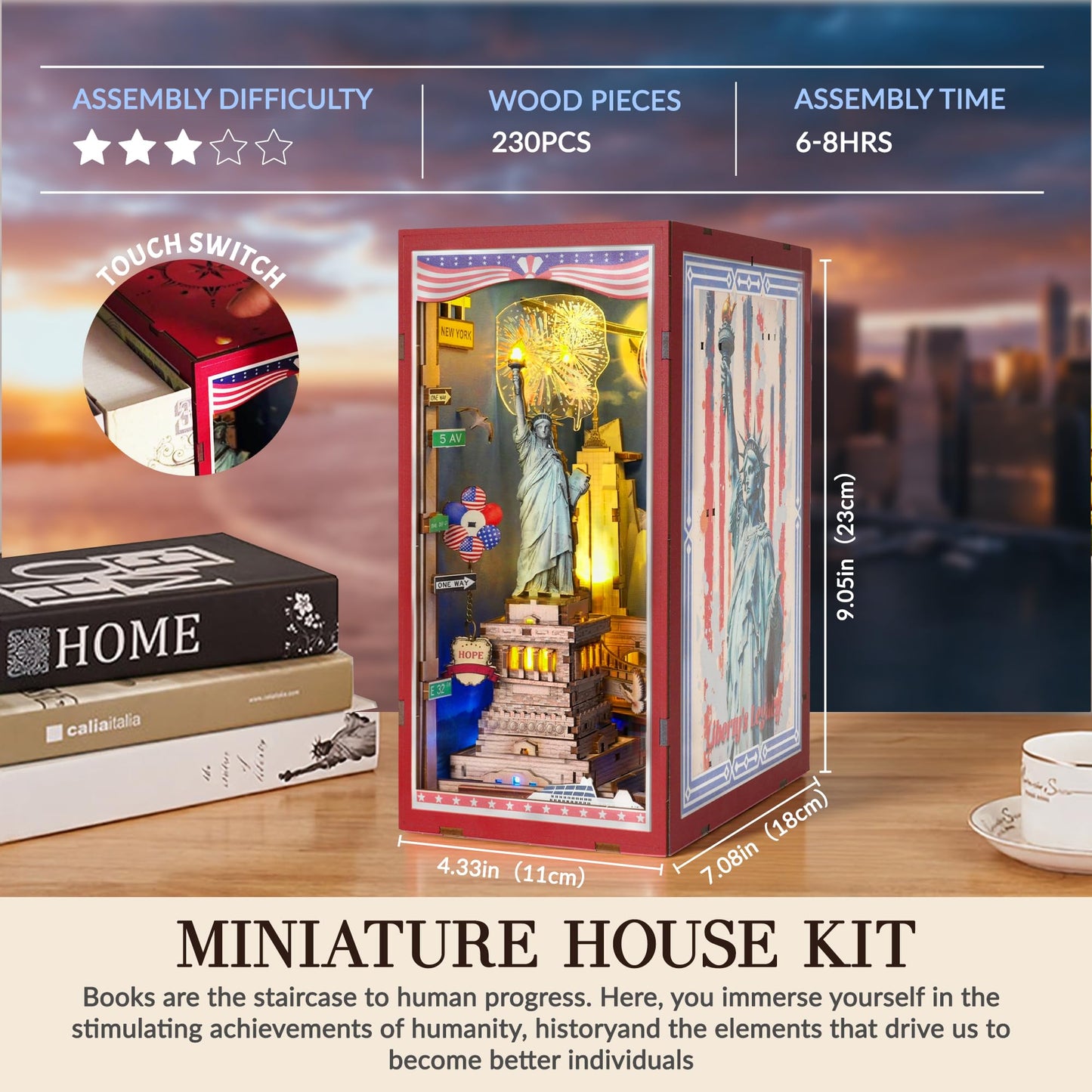 GATTLELIC Book Nook Kit – Liberty's Legacy 3D Wooden Puzzle for Bookshelf Decor