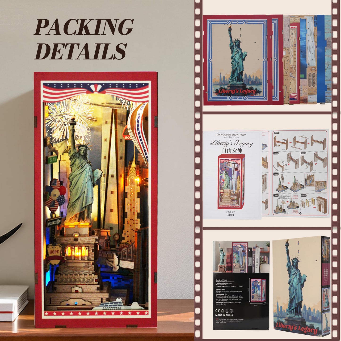 GATTLELIC Book Nook Kit – Liberty's Legacy 3D Wooden Puzzle for Bookshelf Decor