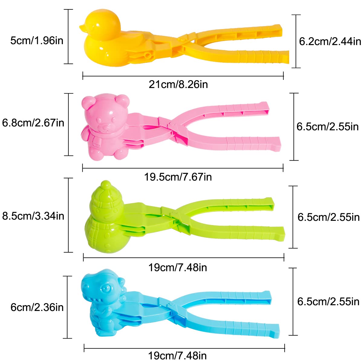 Gawertoy 4-Piece Snowball Maker Clips Set — Duck, Dinosaur, Bear & Snowman Shapes