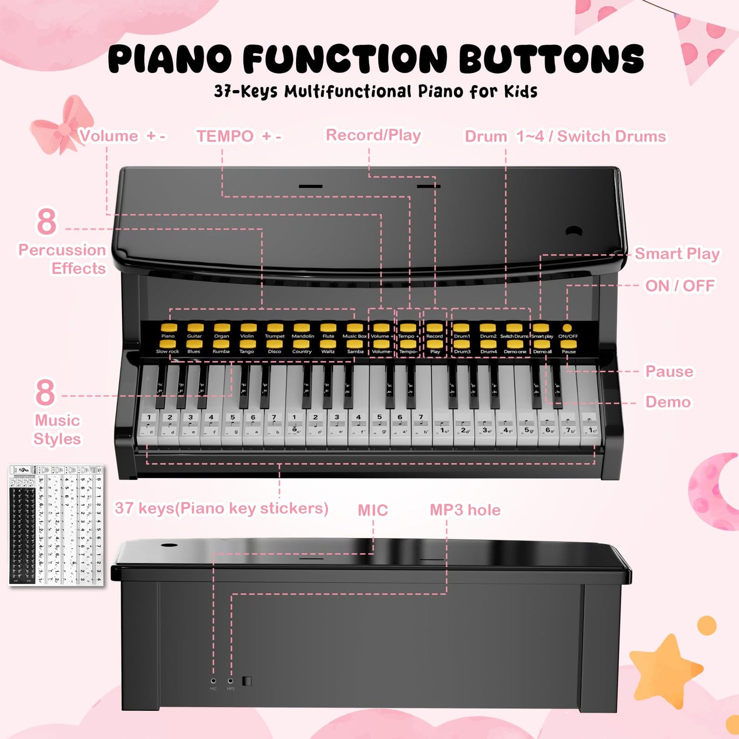 GAYUPLO 37-Key Toy Piano for Kids 3-7 - Keyboard Stickers & Microphone