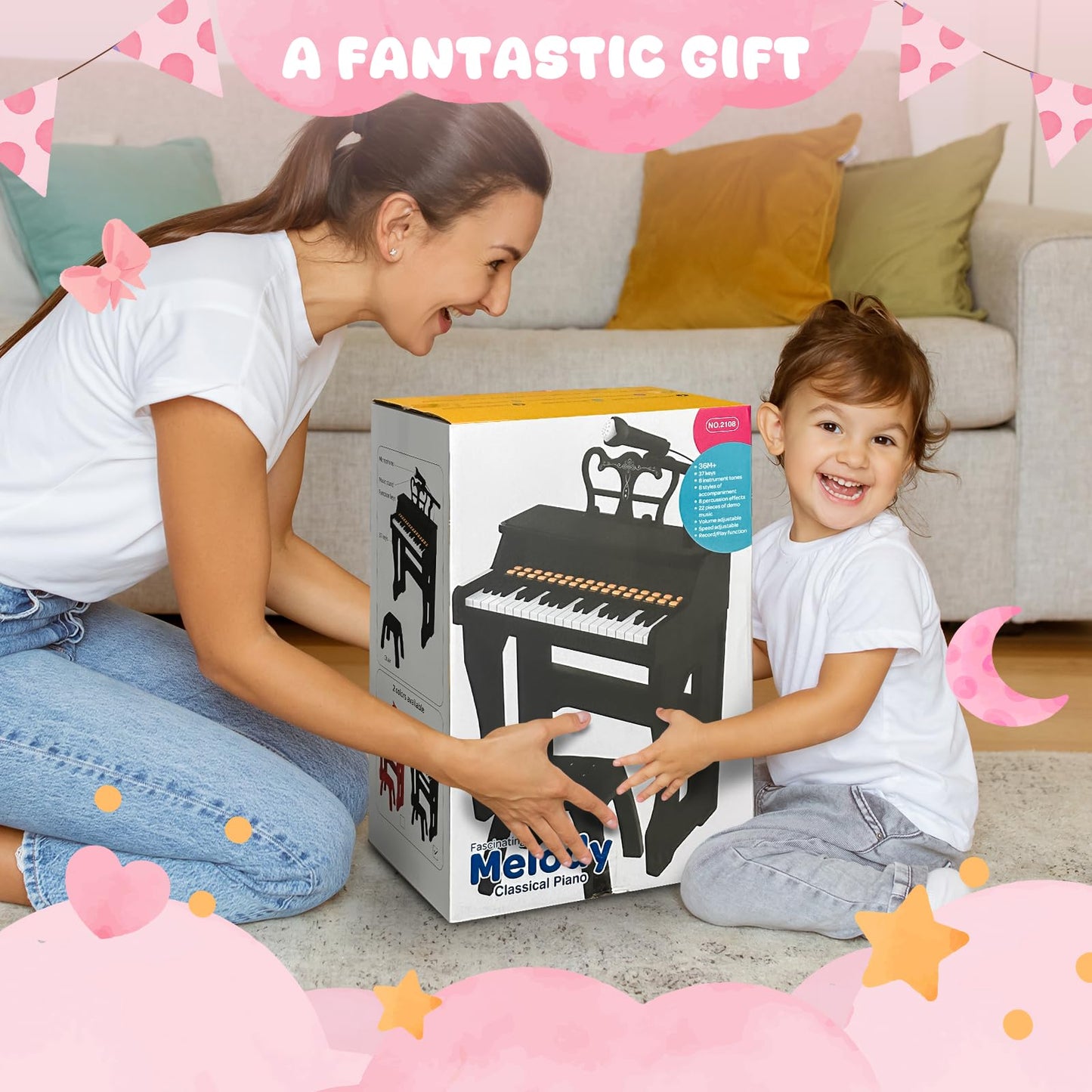 GAYUPLO 37-Key Toy Piano for Kids 3-7 - Keyboard Stickers & Microphone