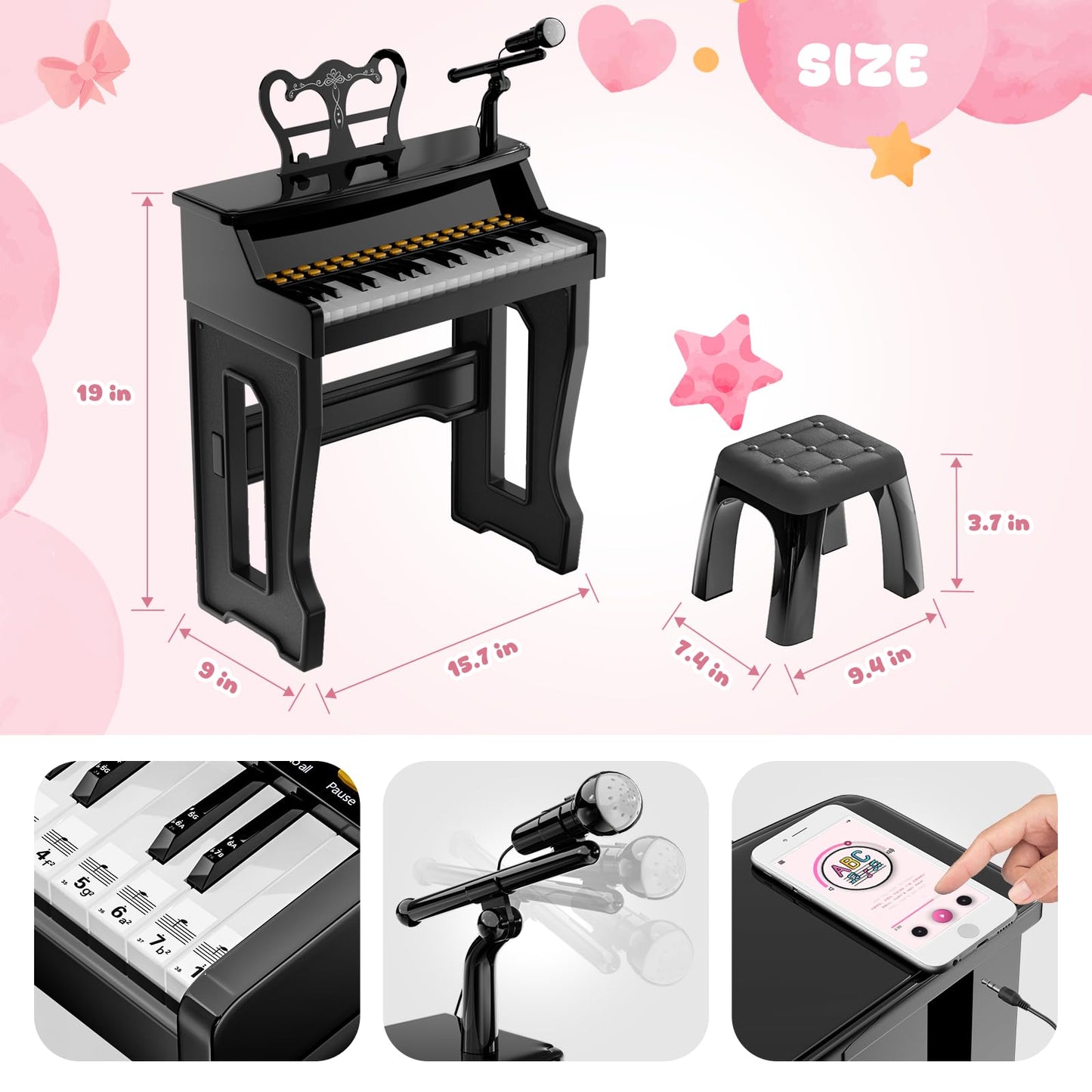 GAYUPLO 37-Key Toy Piano for Kids 3-7 - Keyboard Stickers & Microphone