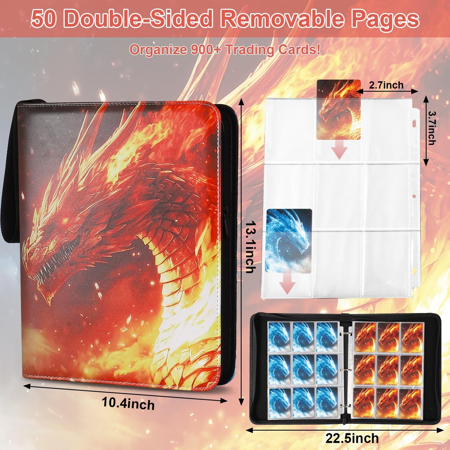 Gbchais Fire & Ice Dragon 9-Pocket Trading Card Binder – 900 Card Capacity, Waterproof PU Leather