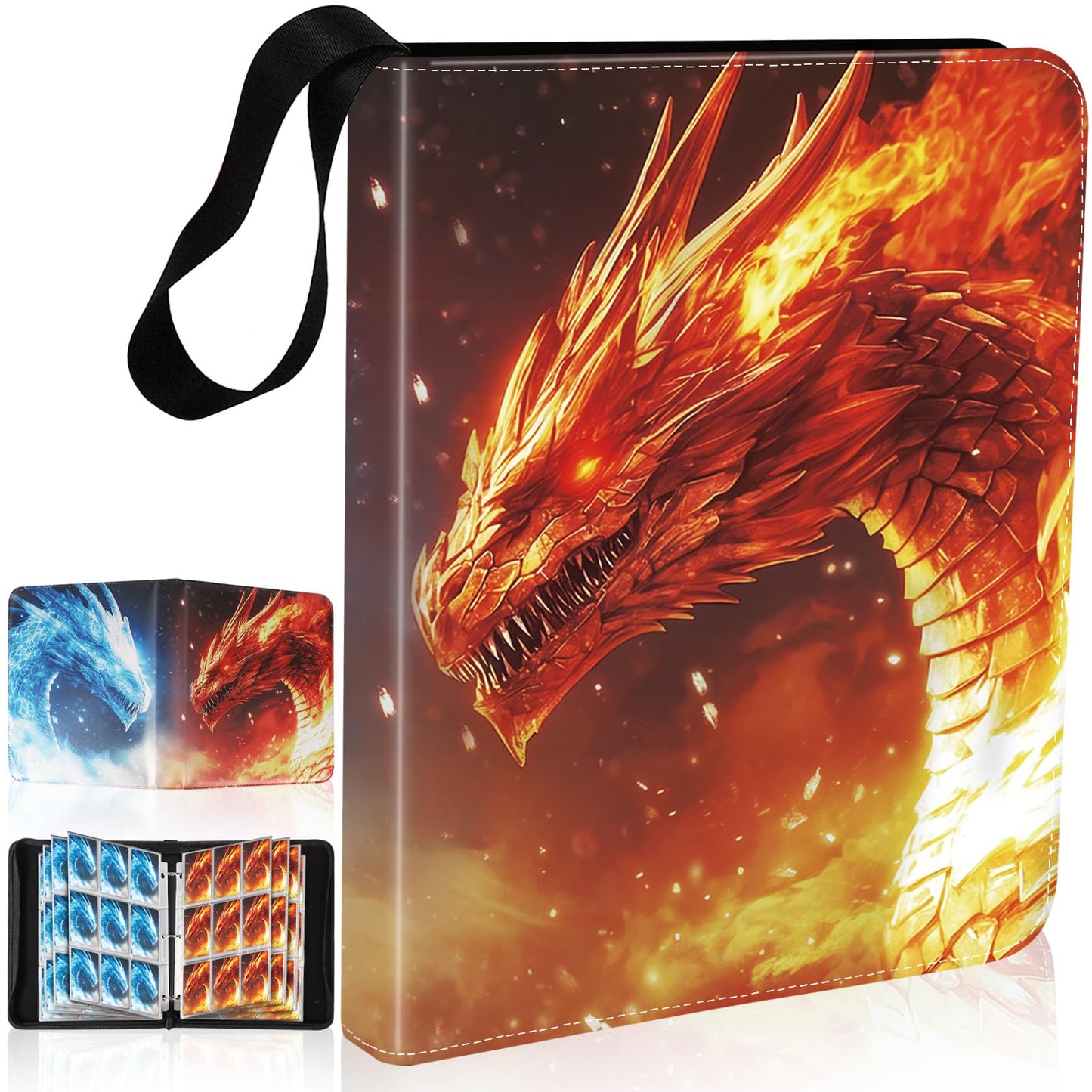 Gbchais Fire & Ice Dragon 9-Pocket Trading Card Binder – 900 Card Capacity, Waterproof PU Leather